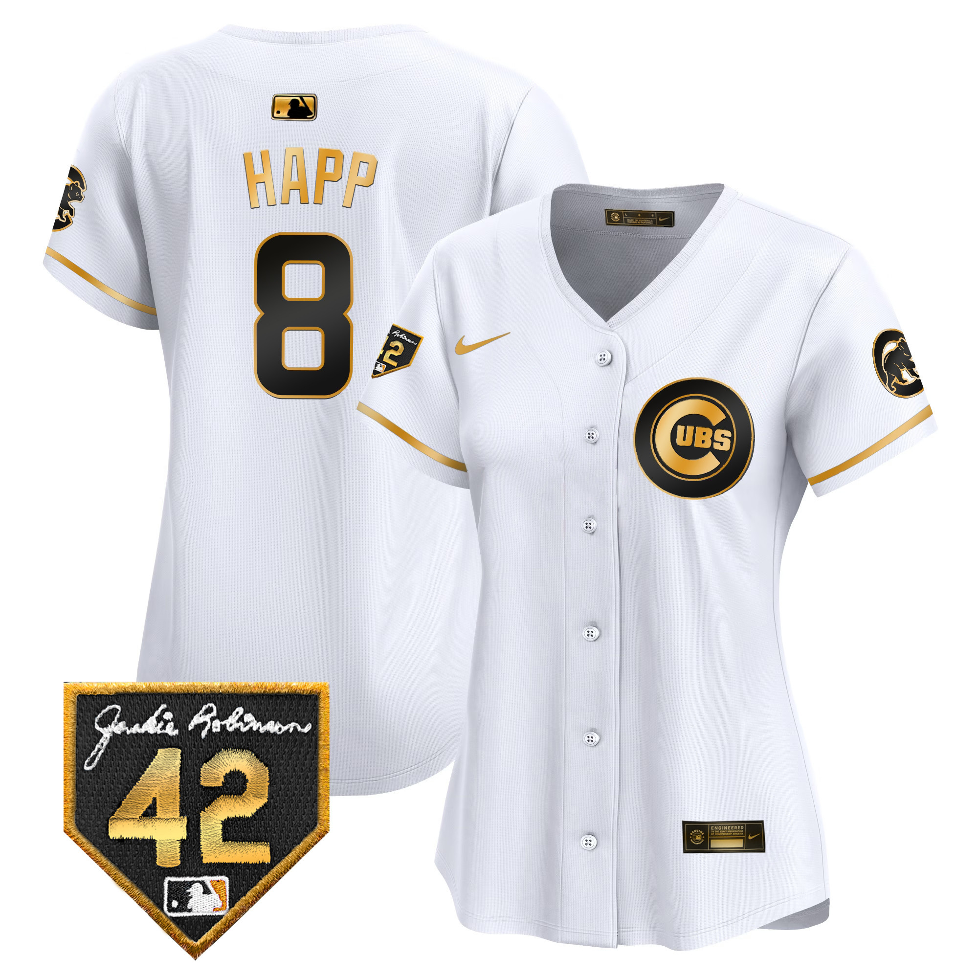 Ian Happ Women's Chicago Cubs Jackie Robinson Patch Vapor Premier Limited V2 White Gold Jersey - All Stitched