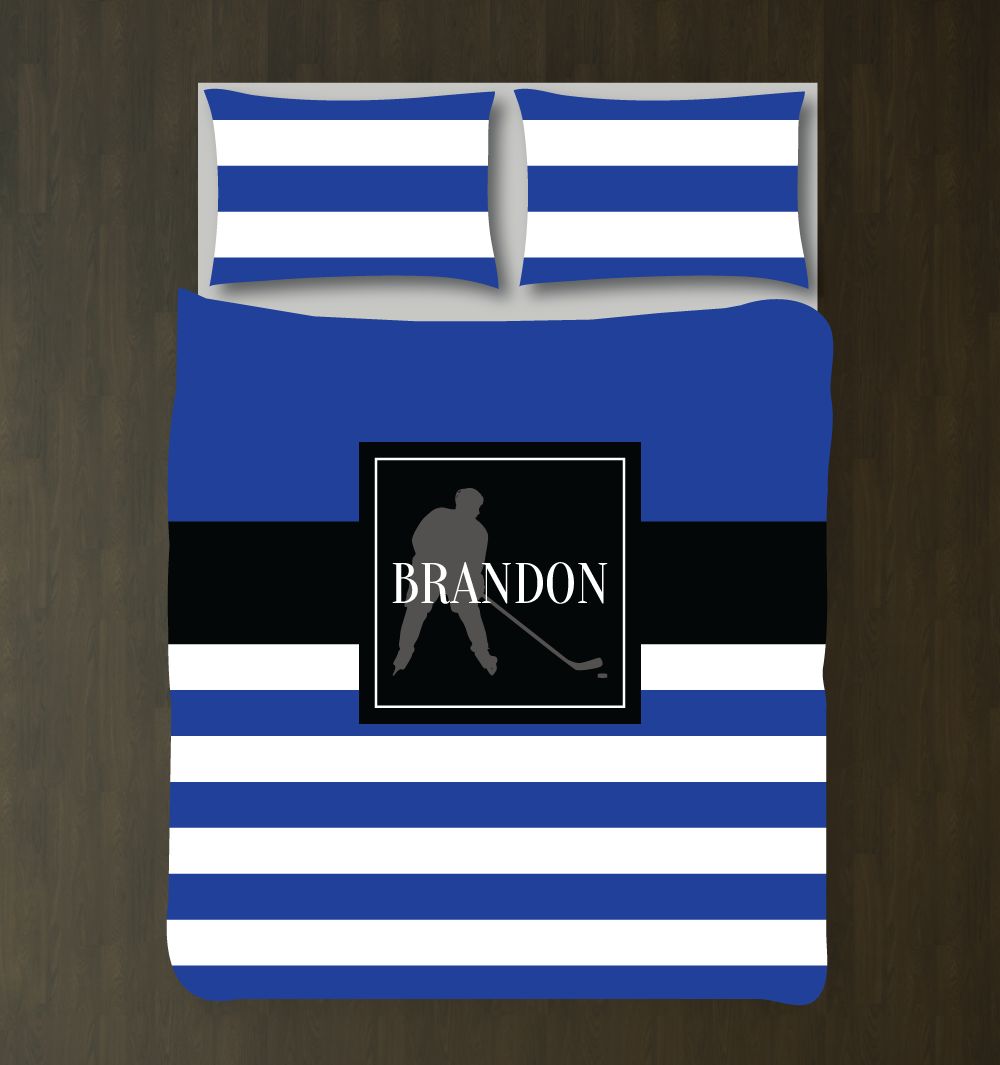 Ice Hockey Player For Teens Custom Hockey For Boys Rooms Royal Blue, Black And White 3D Customized Duvet Cover Bedding Set