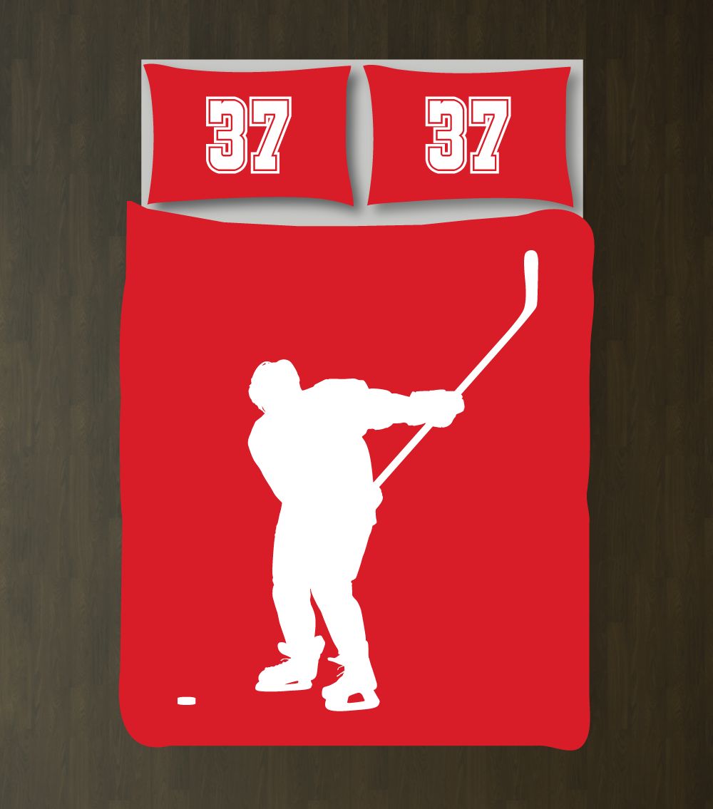 Ice Hockey Silhouette With Jersey Numbers Customized Red And White Duvet Cover Bedding Set