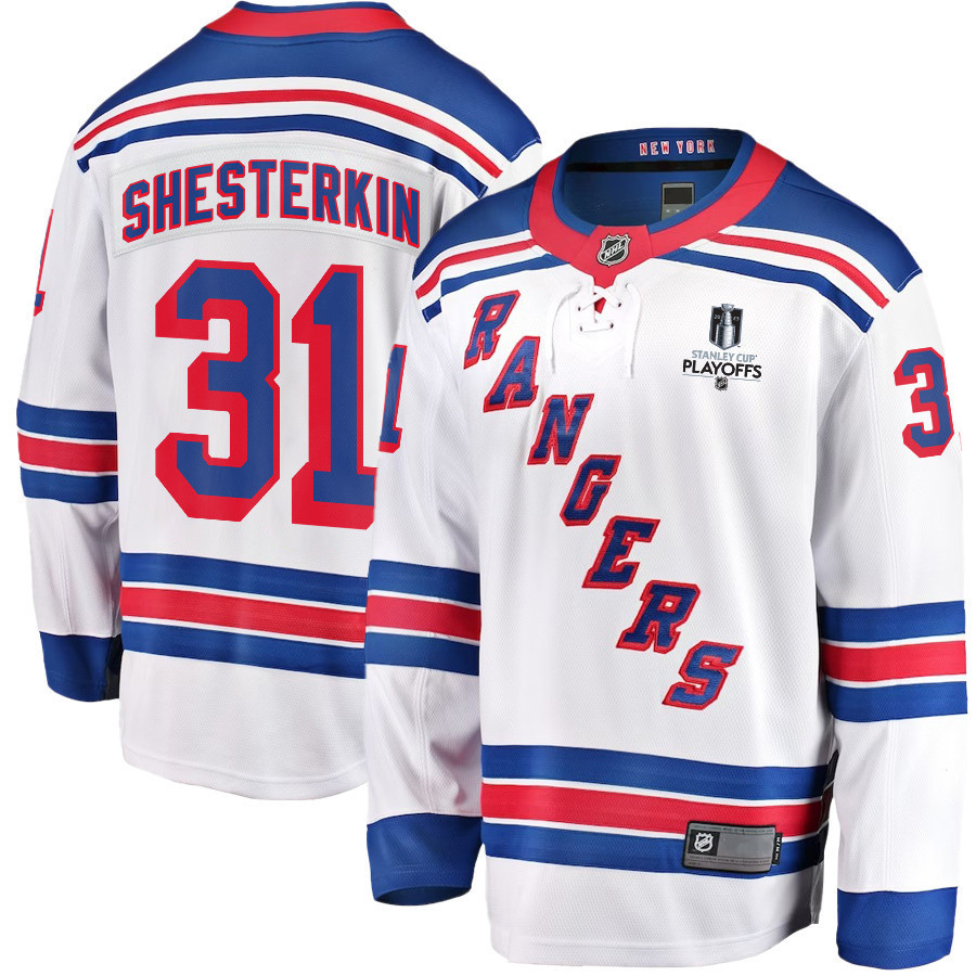 Igor Shesterkin 31 New York Rangers Stanley Cup 2023 Playoffs Patch Away Breakaway Men Stitched Jersey – White