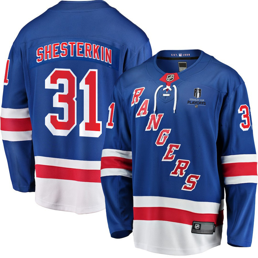 Igor Shesterkin 31 New York Rangers Stanley Cup 2023 Playoffs Patch Home Breakaway Men Stitched Jersey – Blue