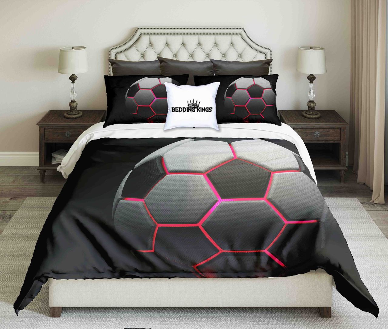 Illuminated Red Light Football On Black Background Design Kings 3D Customized Duvet Cover Bedding Set