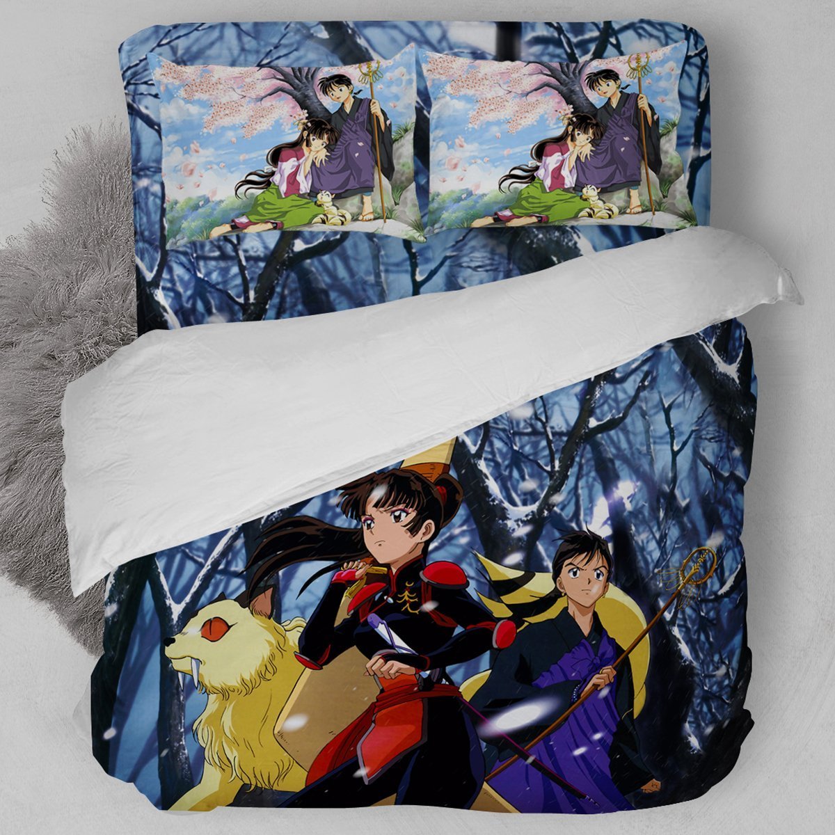 Inuyasha Miroku And Sango Fight Together Duvet Cover Bedding Set