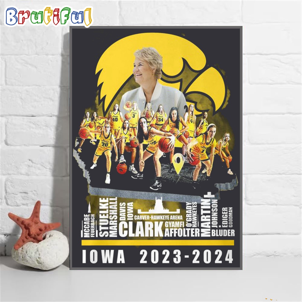 Iowa Hawkeyes Caitlin Clark And Coach Lisa Bluder Women's Basketball 2023-2024 Poster Canvas