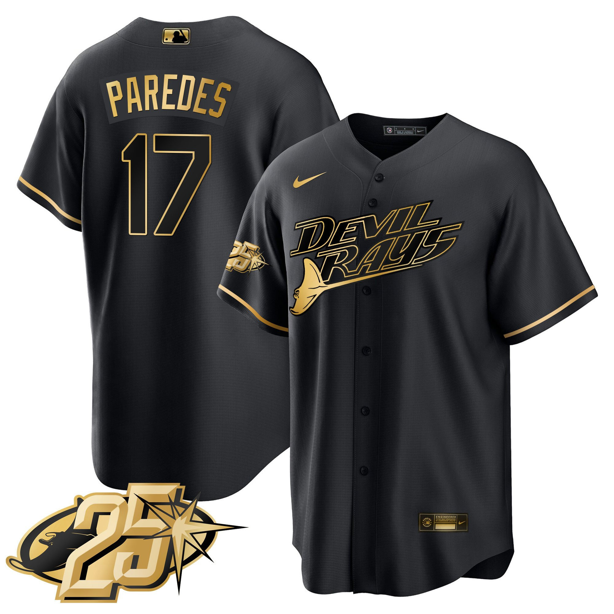 Isaac Paredes Men's Tampa Bay Rays 25th Anniversary Patch Cool Base Black Gold Jersey - All Stitched