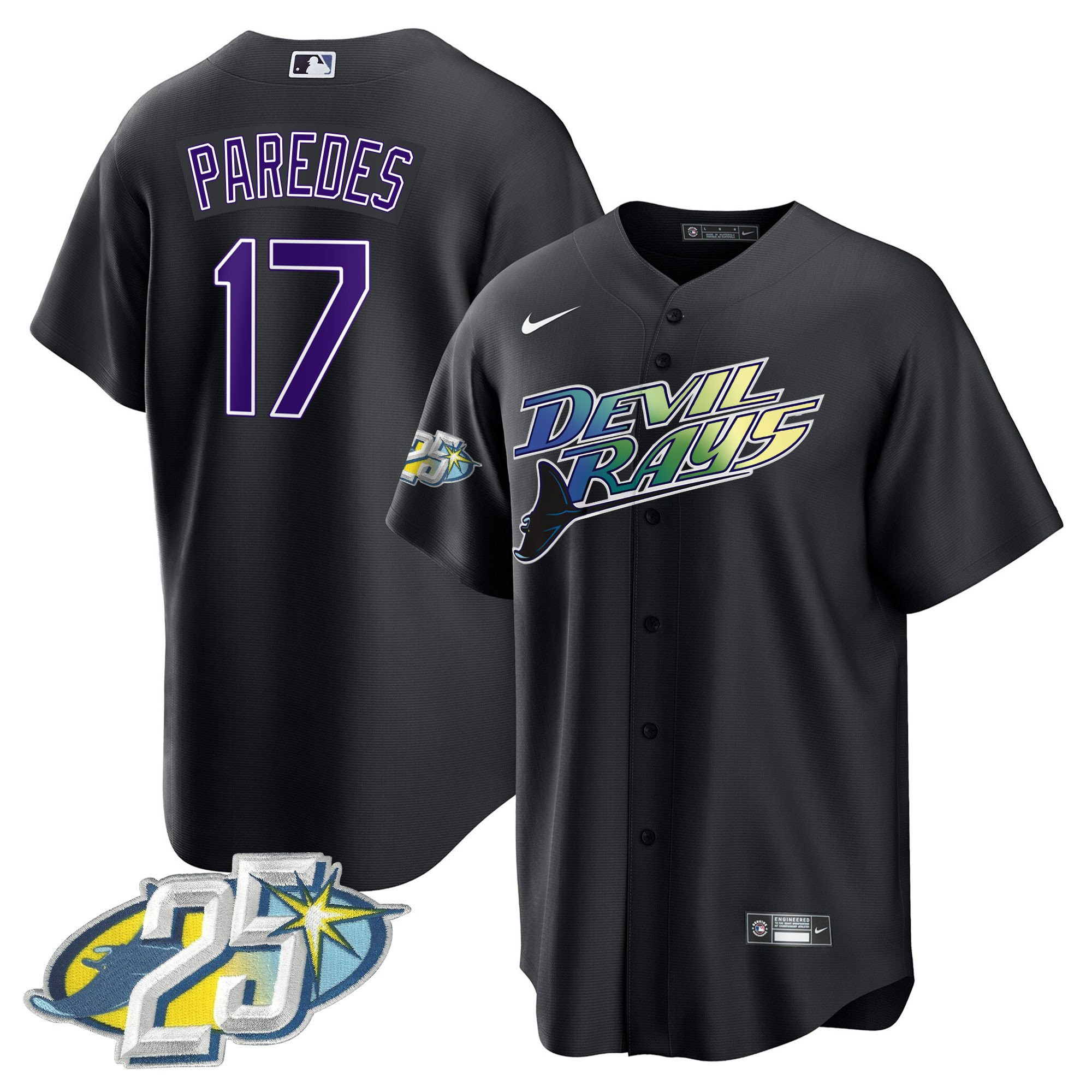 Isaac Paredes Men's Tampa Bay Rays 25th Anniversary Patch Cool Base Black Jersey - All Stitched