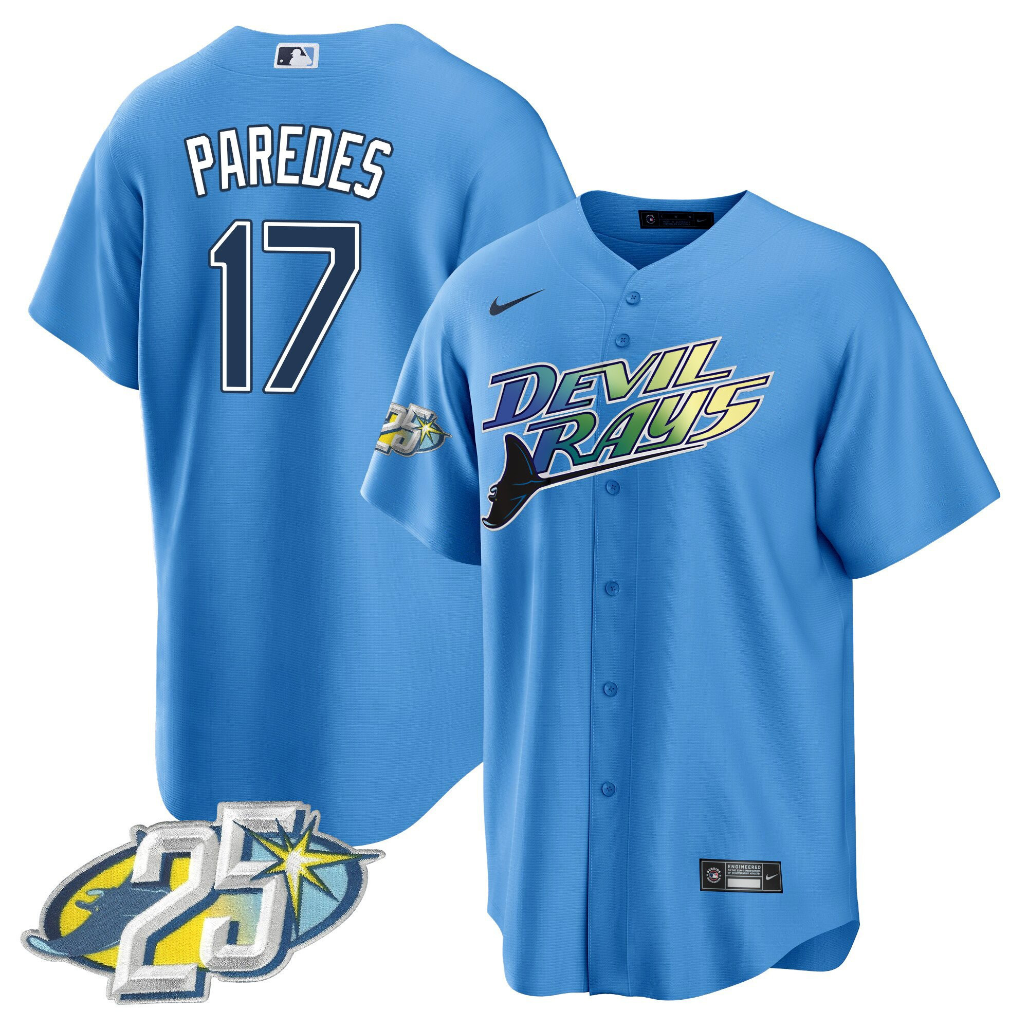 Isaac Paredes Men's Tampa Bay Rays 25th Anniversary Patch Cool Base Light Blue Jersey - All Stitched