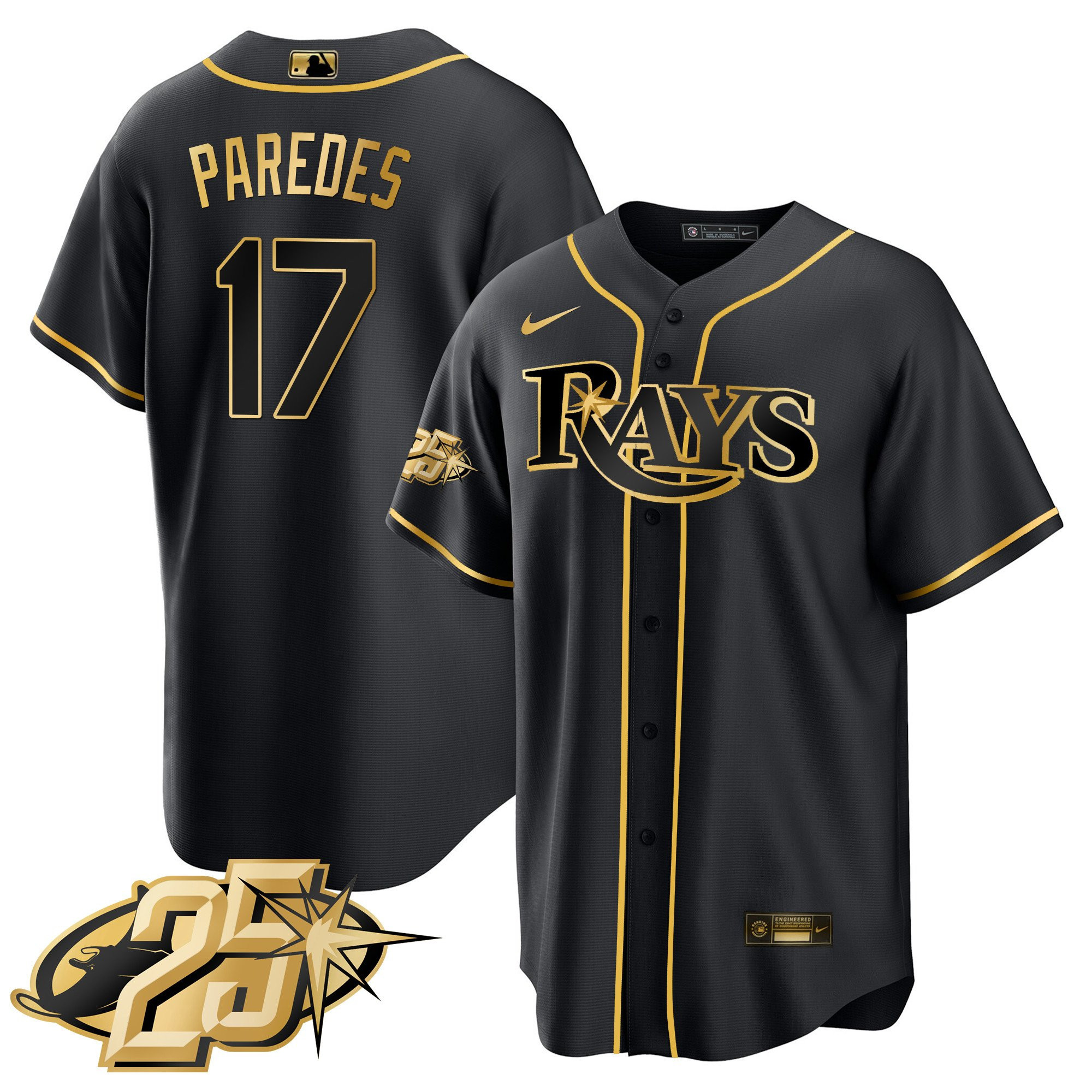 Isaac Paredes Men's Tampa Bay Rays 25th Anniversary Patch Cool Base V2 Black Gold Jersey - All Stitched