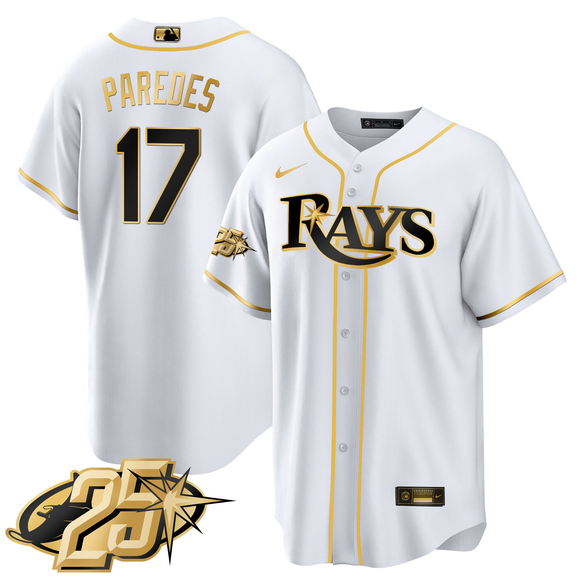 Isaac Paredes Men's Tampa Bay Rays 25th Anniversary Patch Cool Base V2 White Gold Jersey - All Stitched