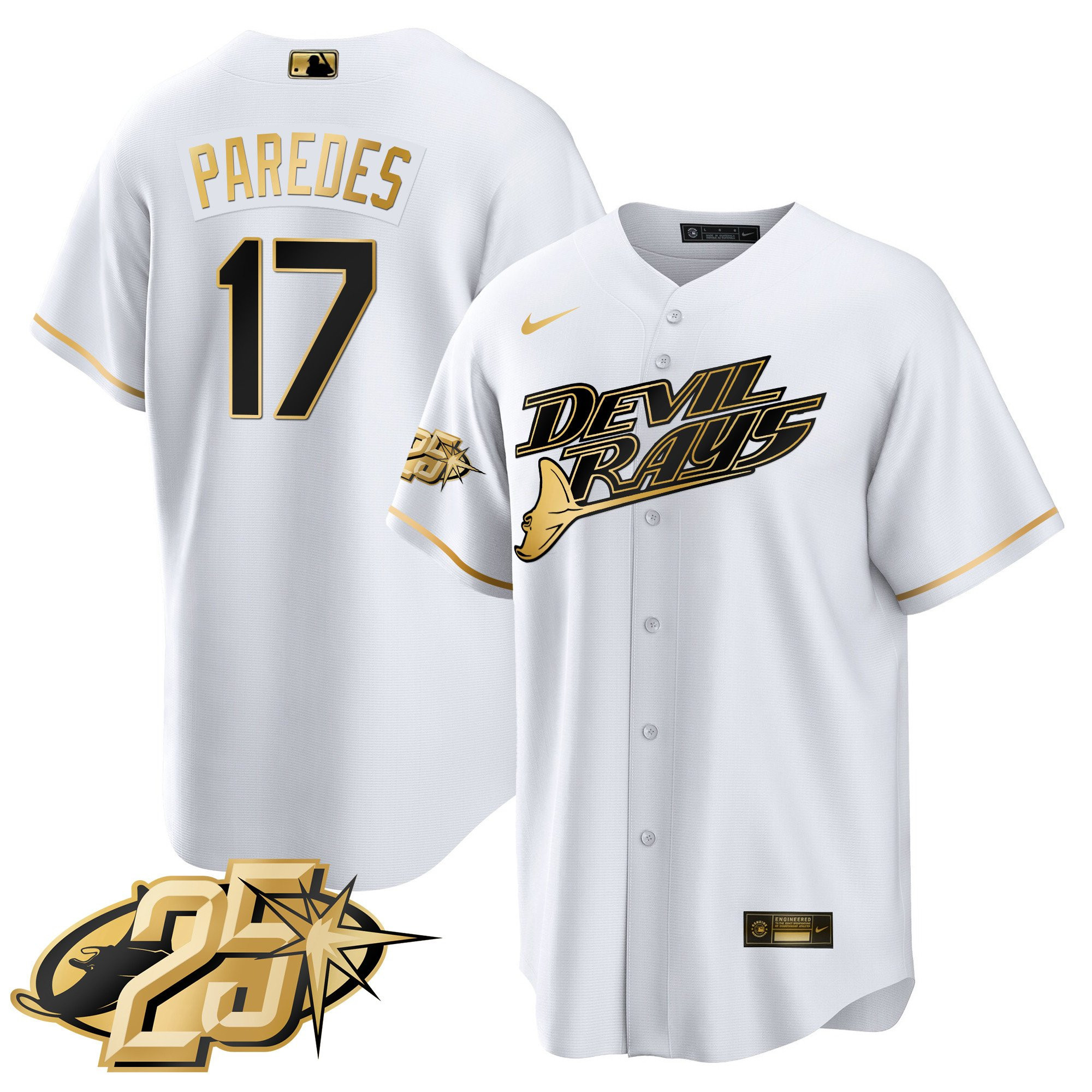 Isaac Paredes Men's Tampa Bay Rays 25th Anniversary Patch Cool Base White Gold Jersey - All Stitched