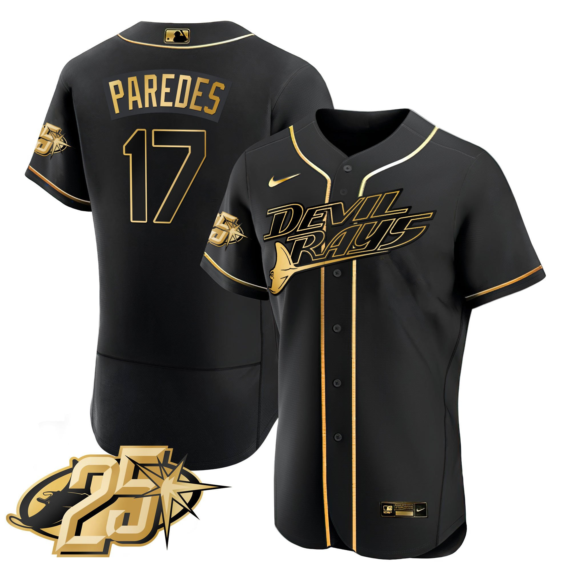 Isaac Paredes Men's Tampa Bay Rays 25th Anniversary Patch Flex Base Black Gold Jersey - All Stitched