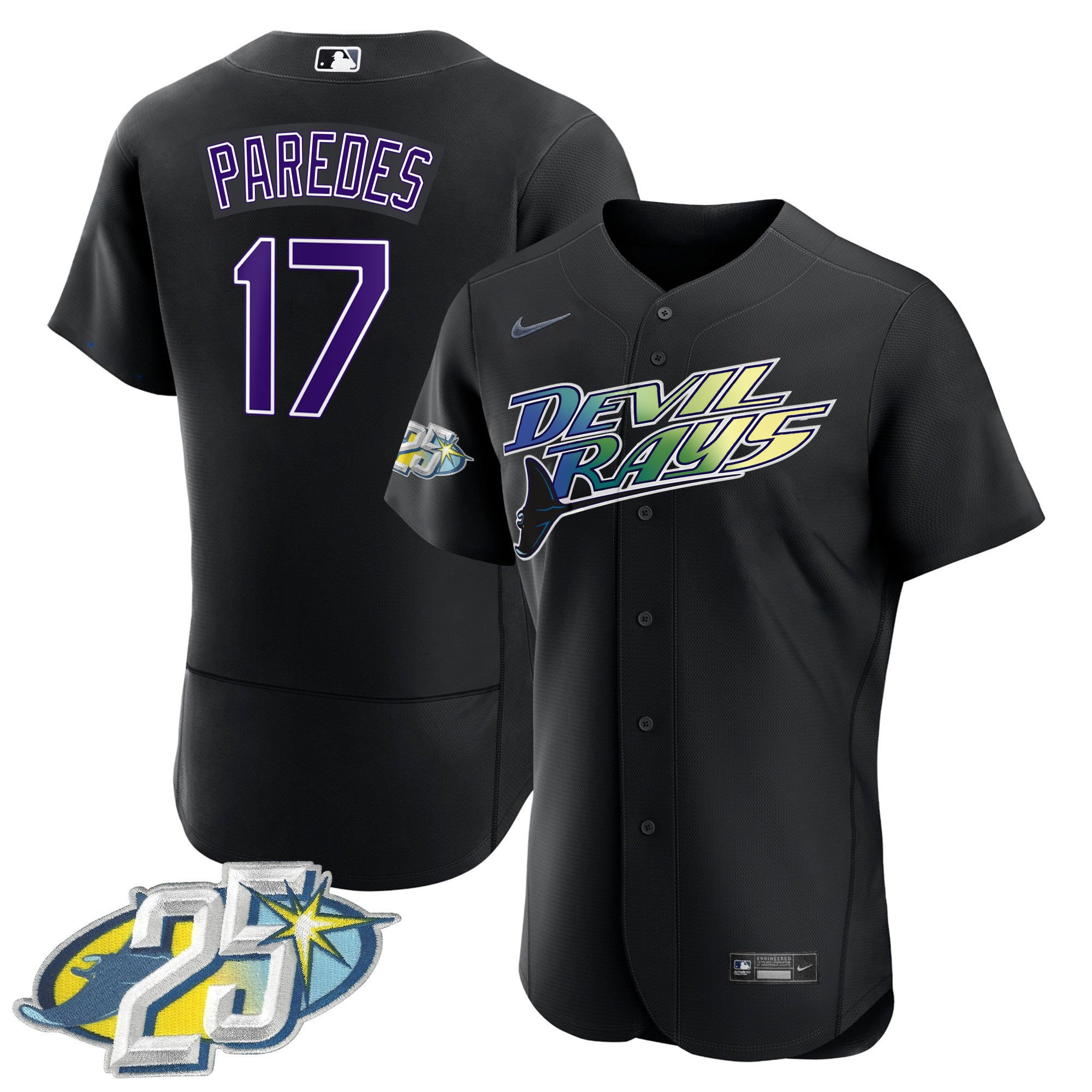 Isaac Paredes Men's Tampa Bay Rays 25th Anniversary Patch Flex Base Black Jersey - All Stitched