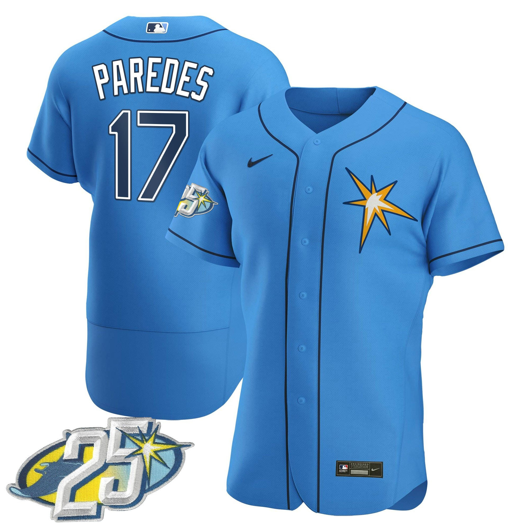 Isaac Paredes Men's Tampa Bay Rays 25th Anniversary Patch Flex Base Light Blue Jersey - All Stitched