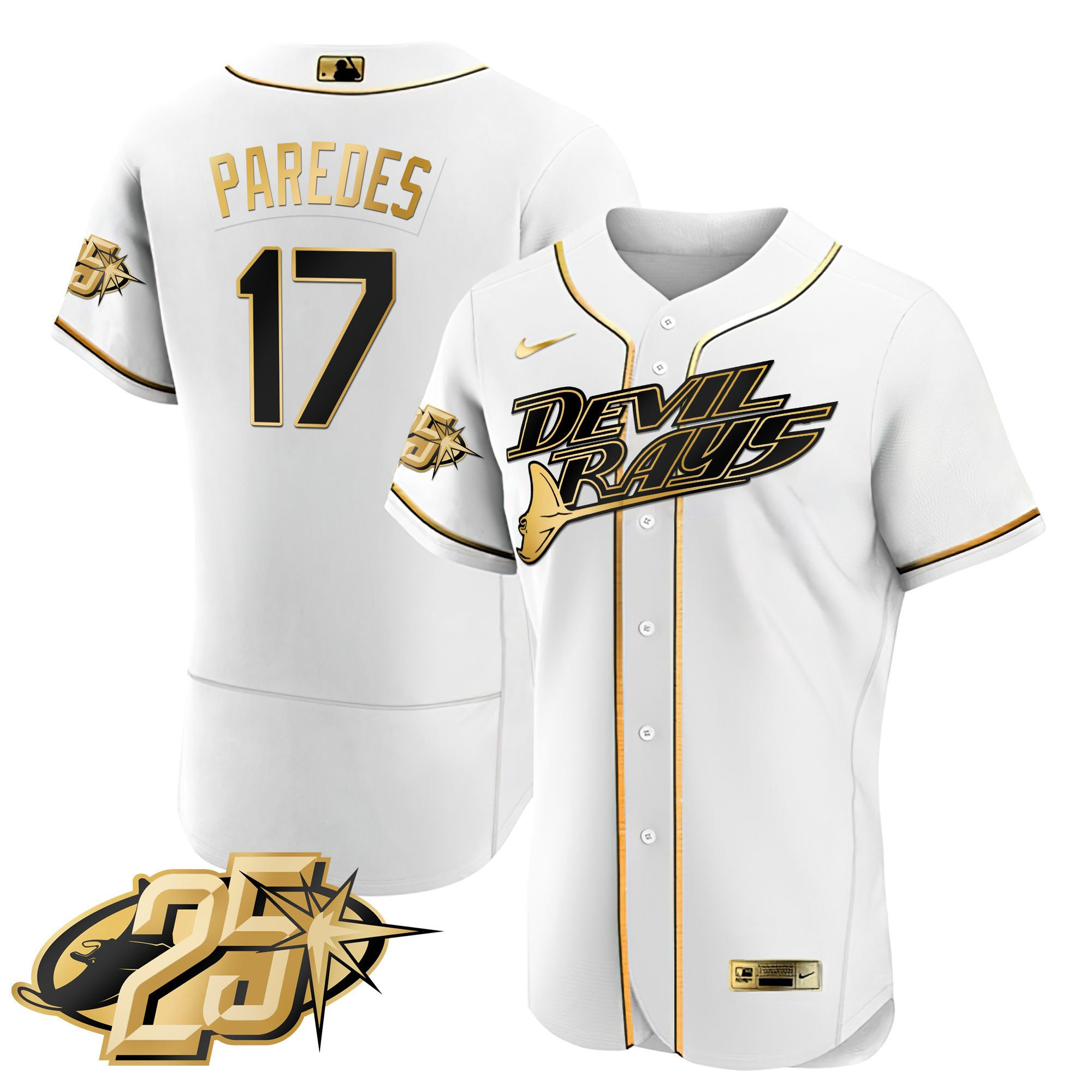 Isaac Paredes Men's Tampa Bay Rays 25th Anniversary Patch Flex Base White Gold Jersey - All Stitched
