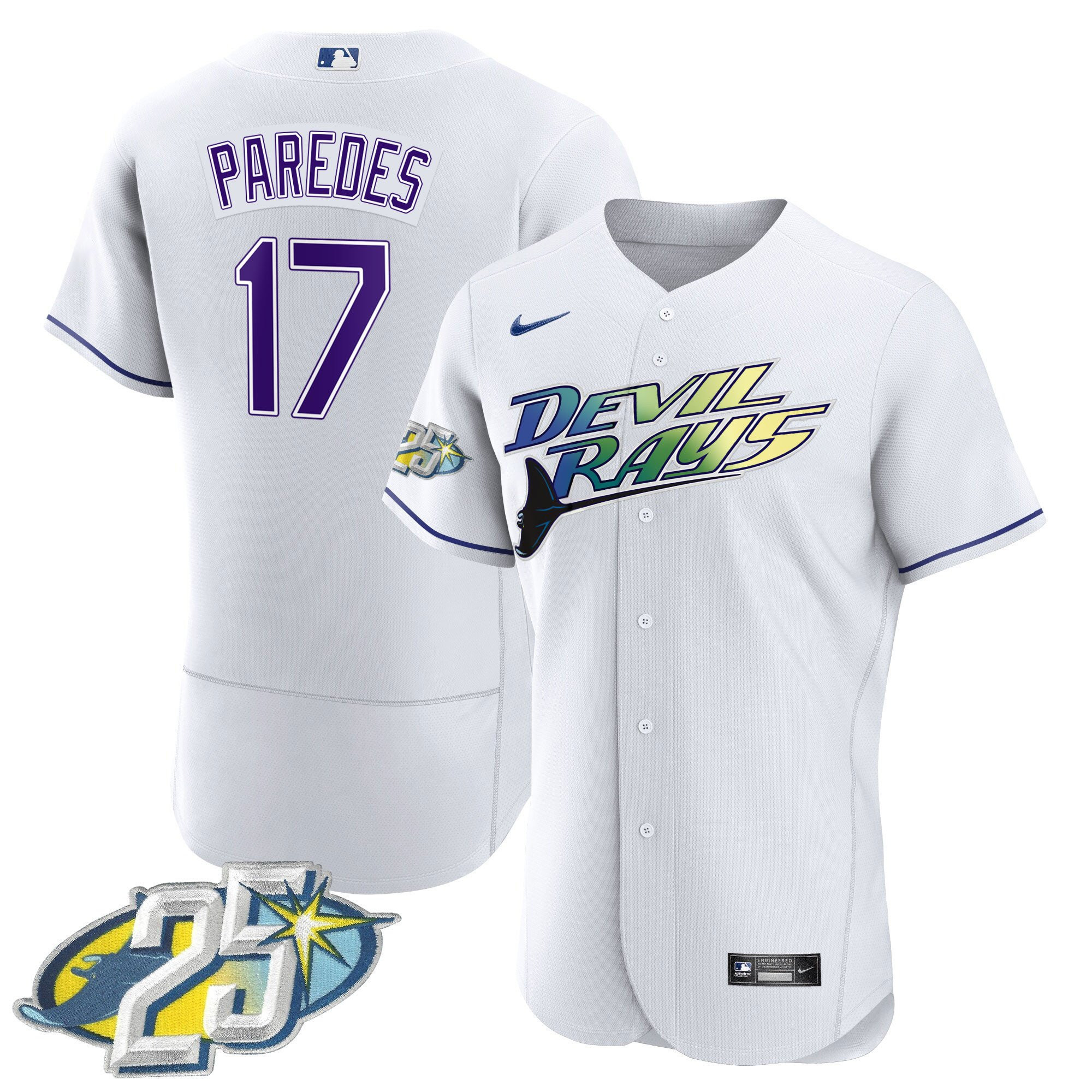 Isaac Paredes Men's Tampa Bay Rays 25th Anniversary Patch Flex Base White Jersey - All Stitched