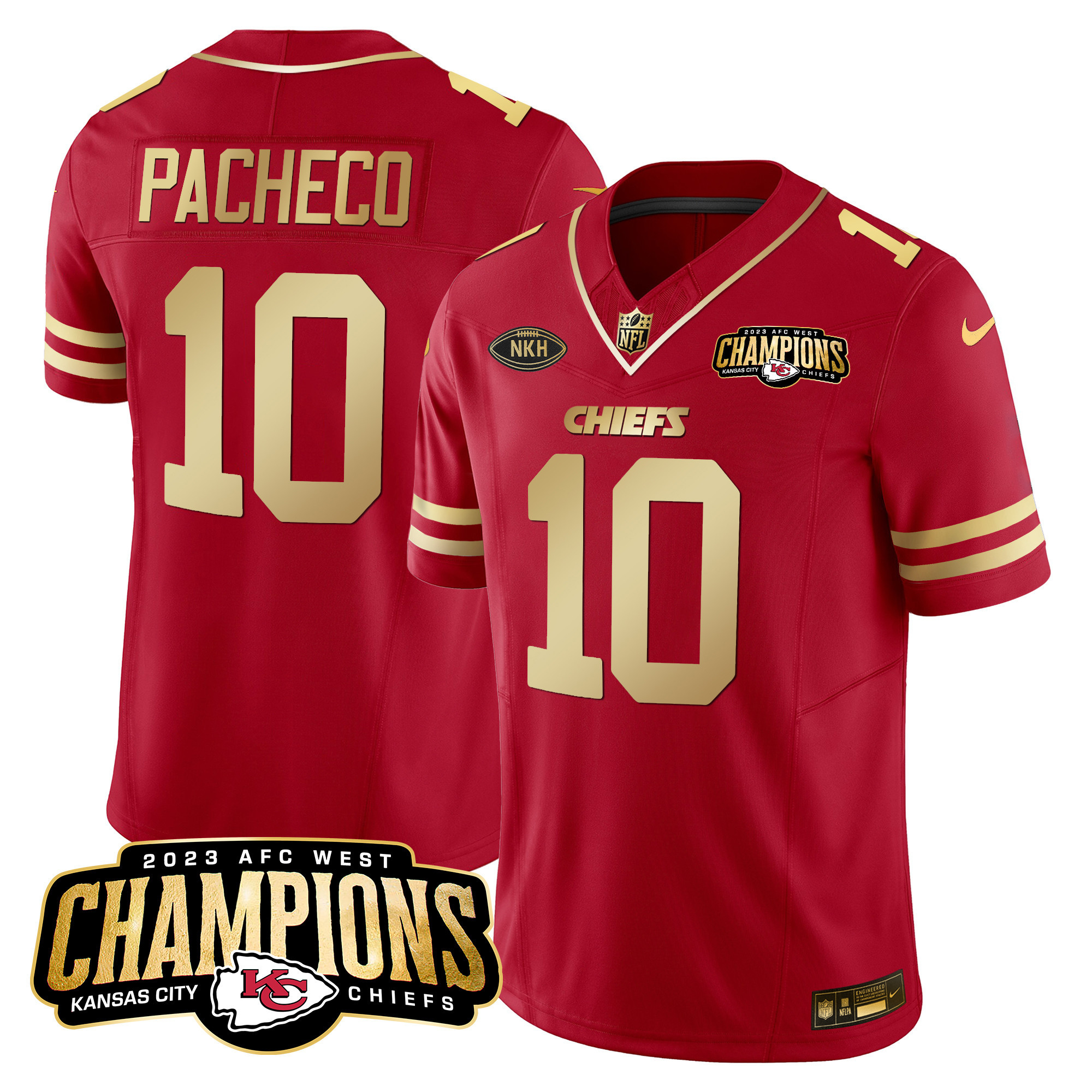 Isiah Pacheco Men's Kansas City Chiefs 2023 AFC West Champions Patch Vapor Limited Red Gold Jersey - All Stitched 