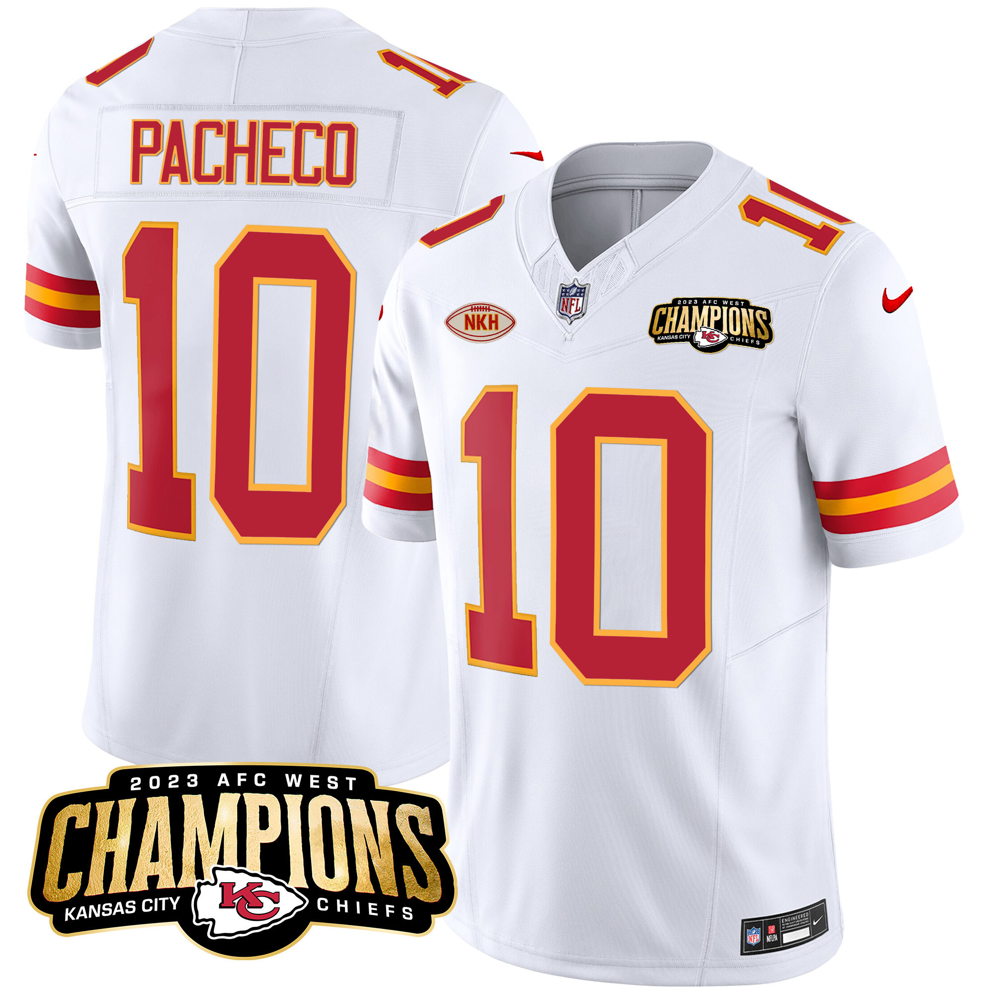 Isiah Pacheco Men's Kansas City Chiefs 2023 AFC West Champions Patch Vapor Limited White Jersey - All Stitched 