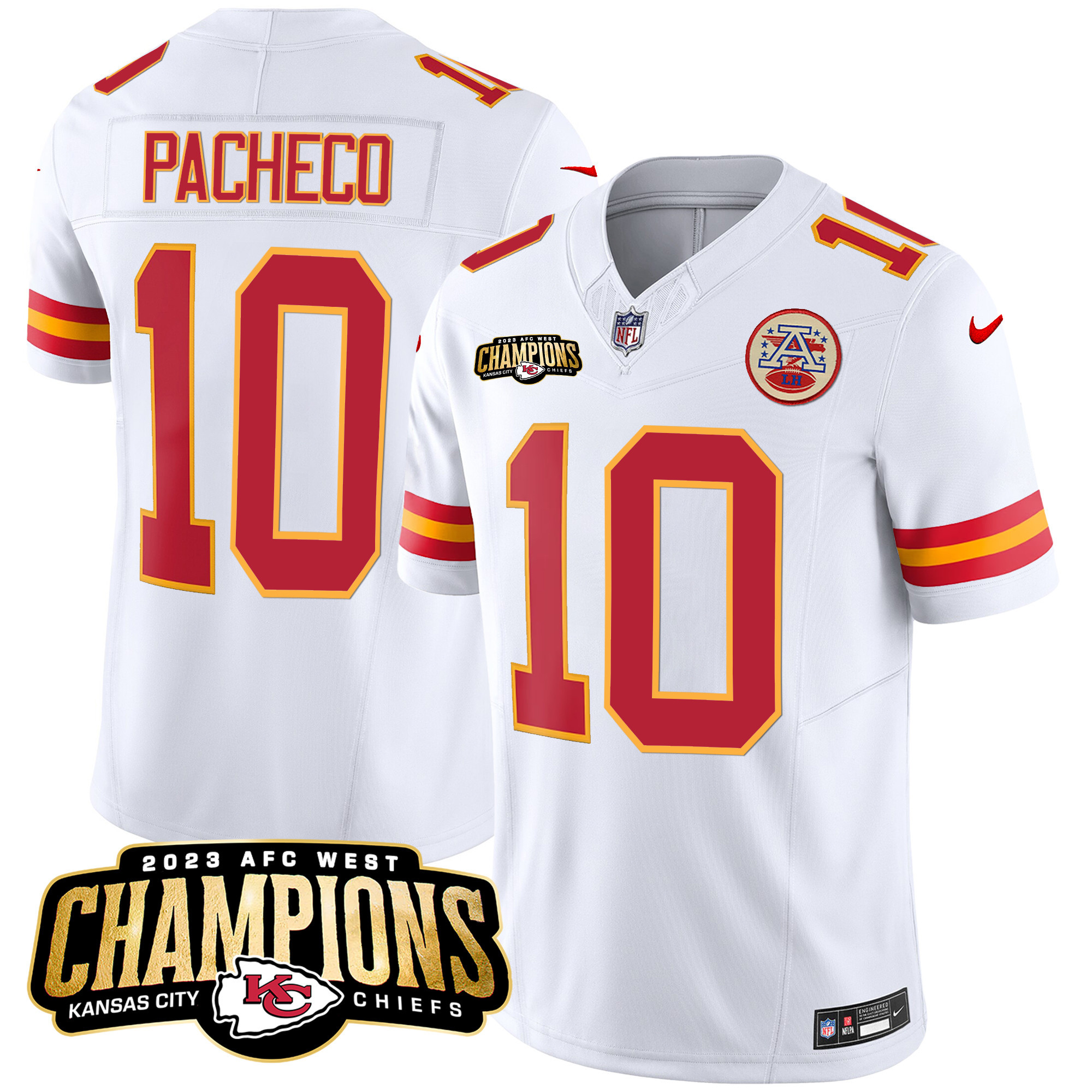 Isiah Pacheco Men's Kansas City Chiefs 2023 AFC West Champions Patch Vapor Limited White Jersey - All Stitched 