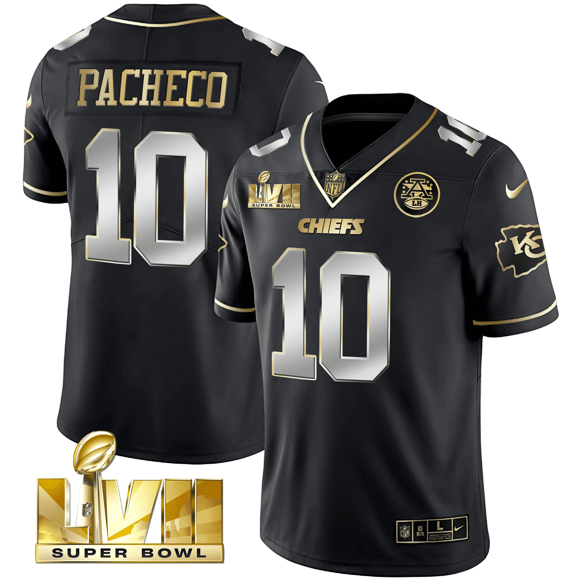 Isiah Pacheco Men's Kansas City Chiefs Super Bowl LVII Gold Trim Vapor V2 Black Limited Jersey - All Stitched 