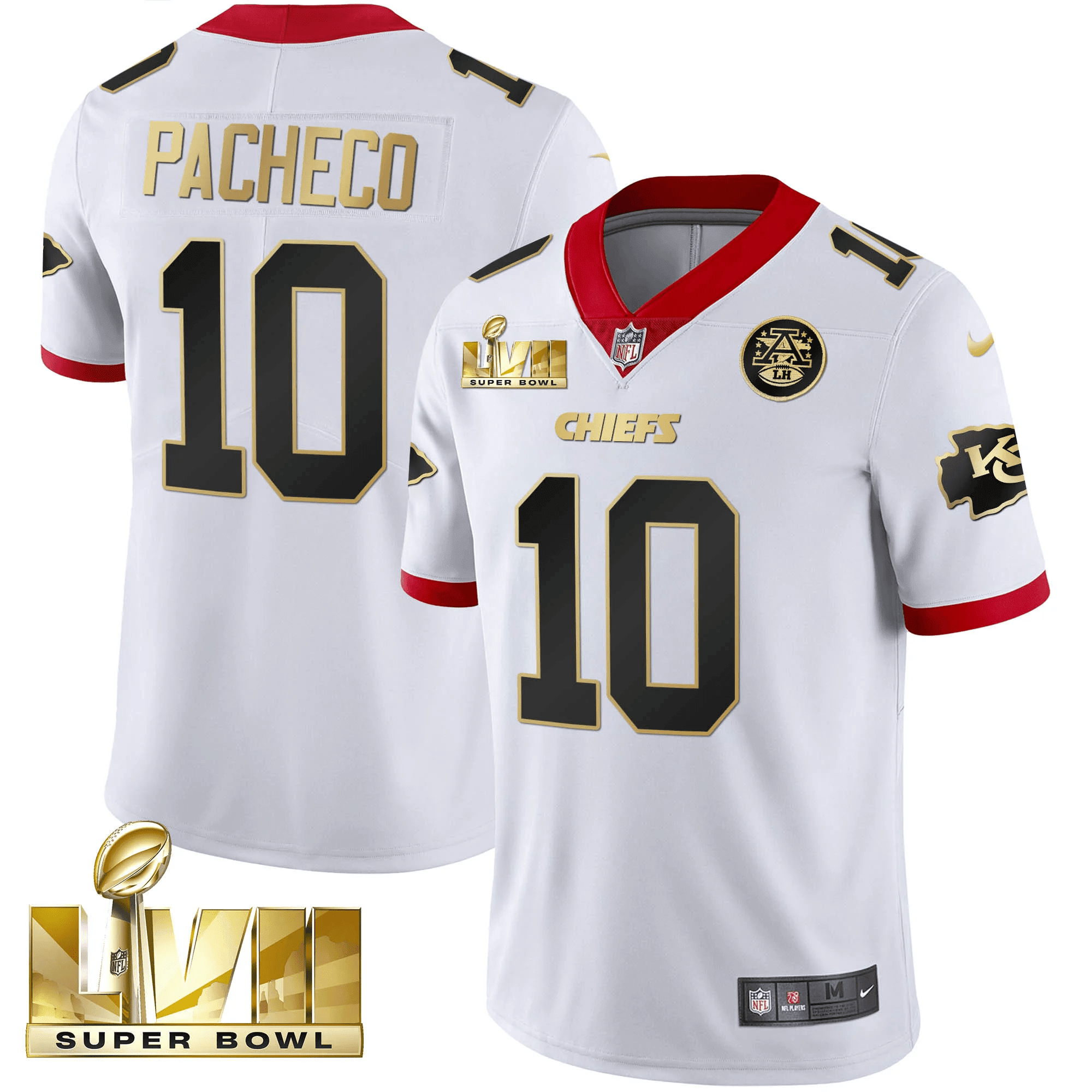 Isiah Pacheco Men's Kansas City Chiefs Super Bowl LVII Gold Trim Vapor V2 White Jersey - All Stitched 