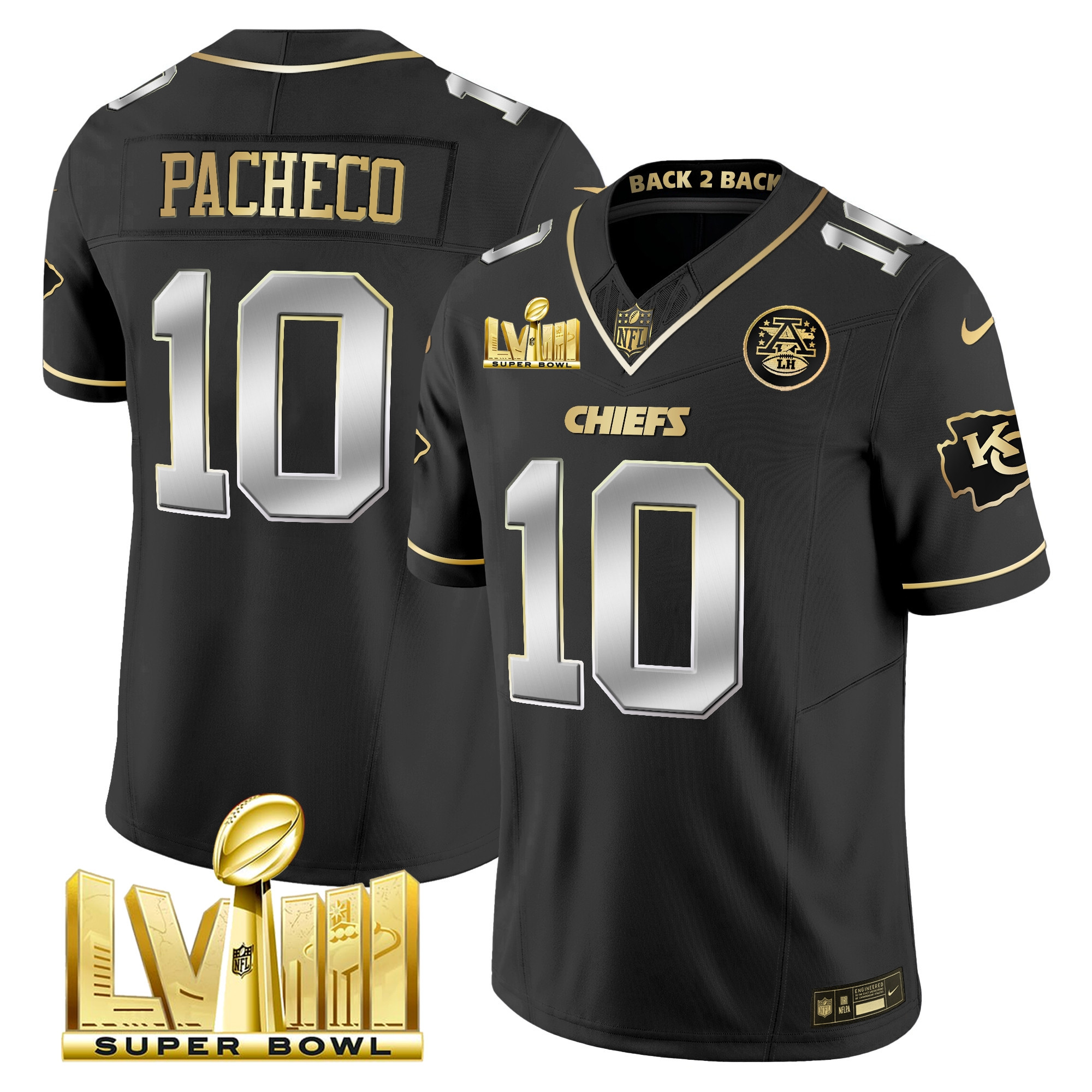 Isiah Pacheco Men's Kansas City Chiefs Super Bowl LVIII & Back 2 Back Gold Patch Vapor Black Limited Jersey - All Stitched 