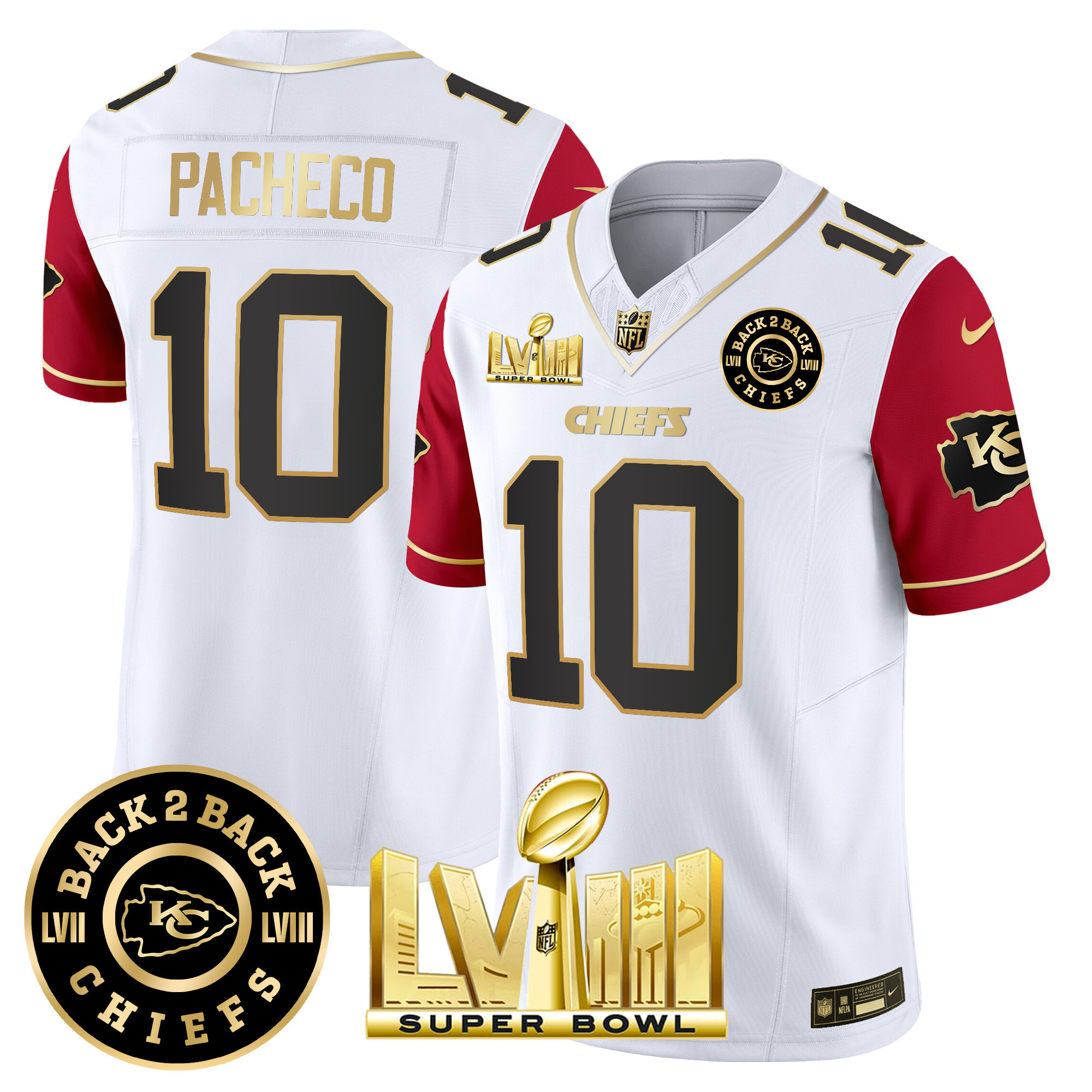 Isiah Pacheco Men's Kansas City Chiefs Super Bowl LVIII & Back 2 Back Patch Vapor Color Sleeves Jersey - All Stitched 