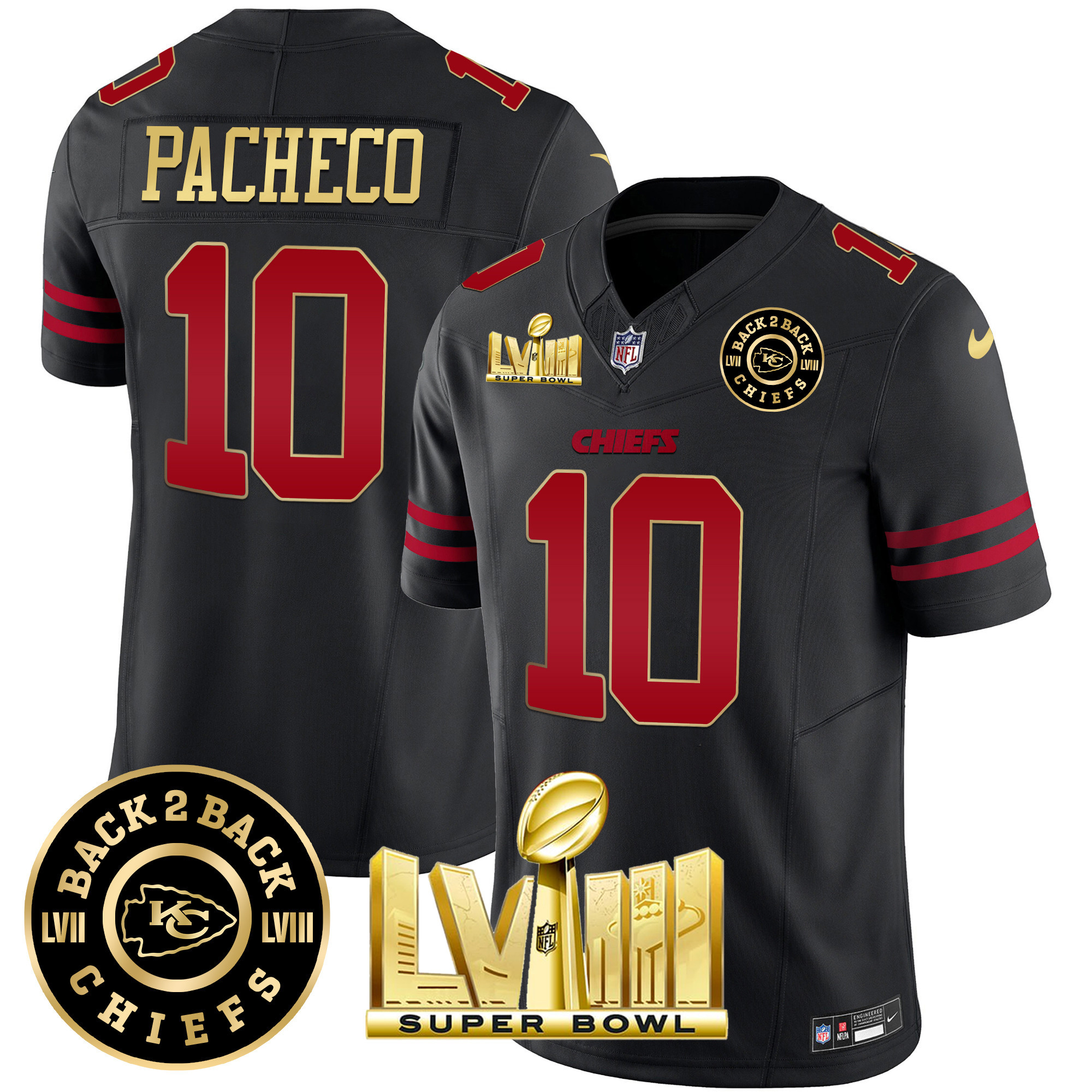 Isiah Pacheco Men's Kansas City Chiefs Super Bowl LVIII & Back 2 Back Patch Vapor Gold Trim Jersey - All Stitched 