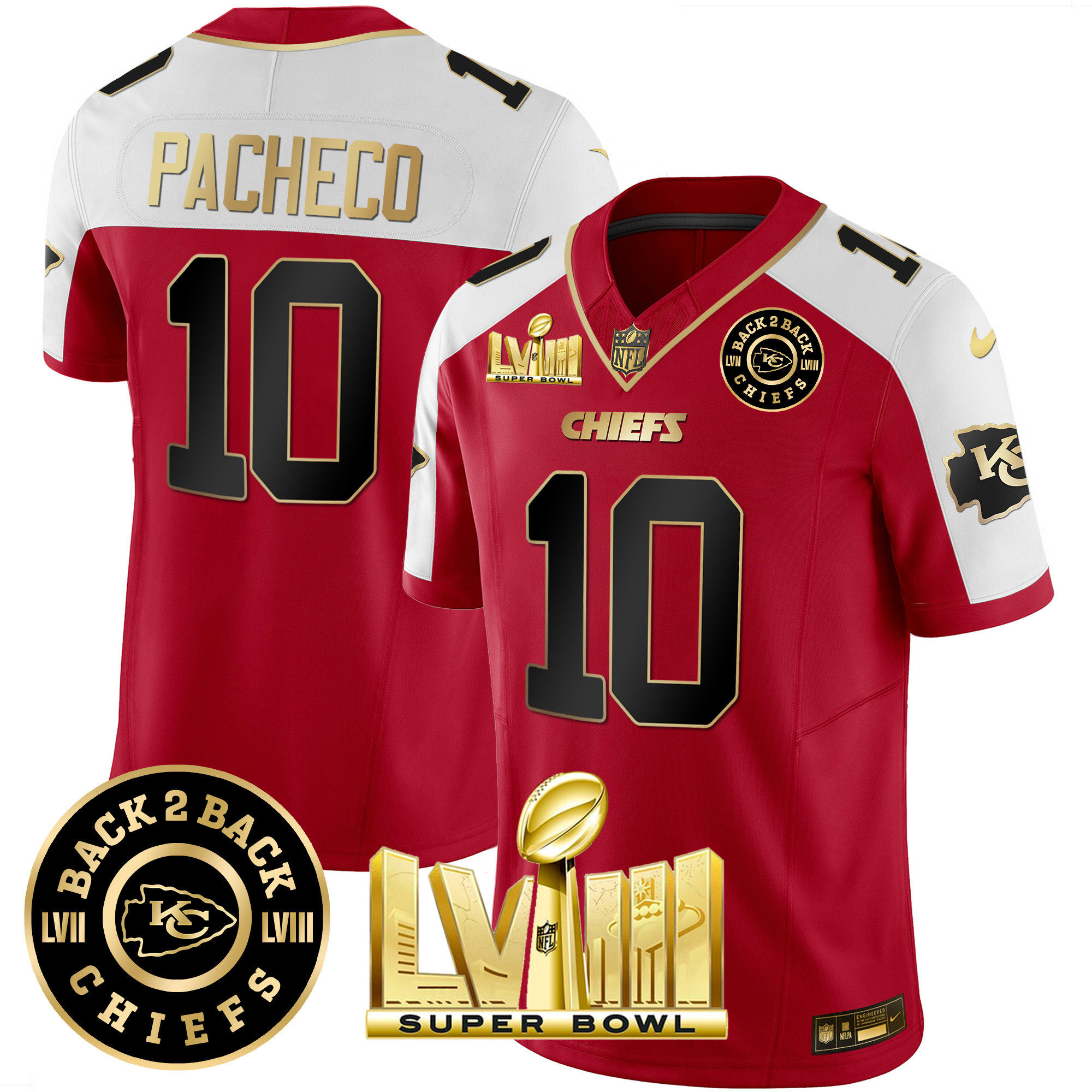 Isiah Pacheco Men's Kansas City Chiefs Super Bowl LVIII & Back 2 Back Patch Vapor Red Alternate Jersey - All Stitched 