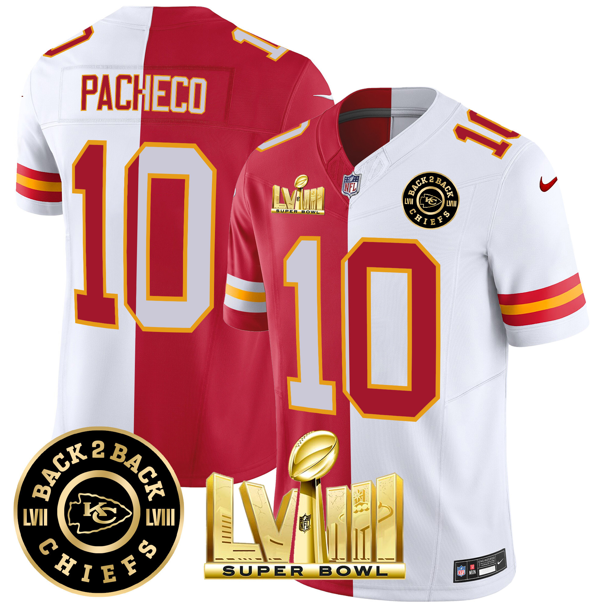 Isiah Pacheco Men's Kansas City Chiefs Super Bowl LVIII & Back 2 Back Patch Vapor Split Jersey - All Stitched 