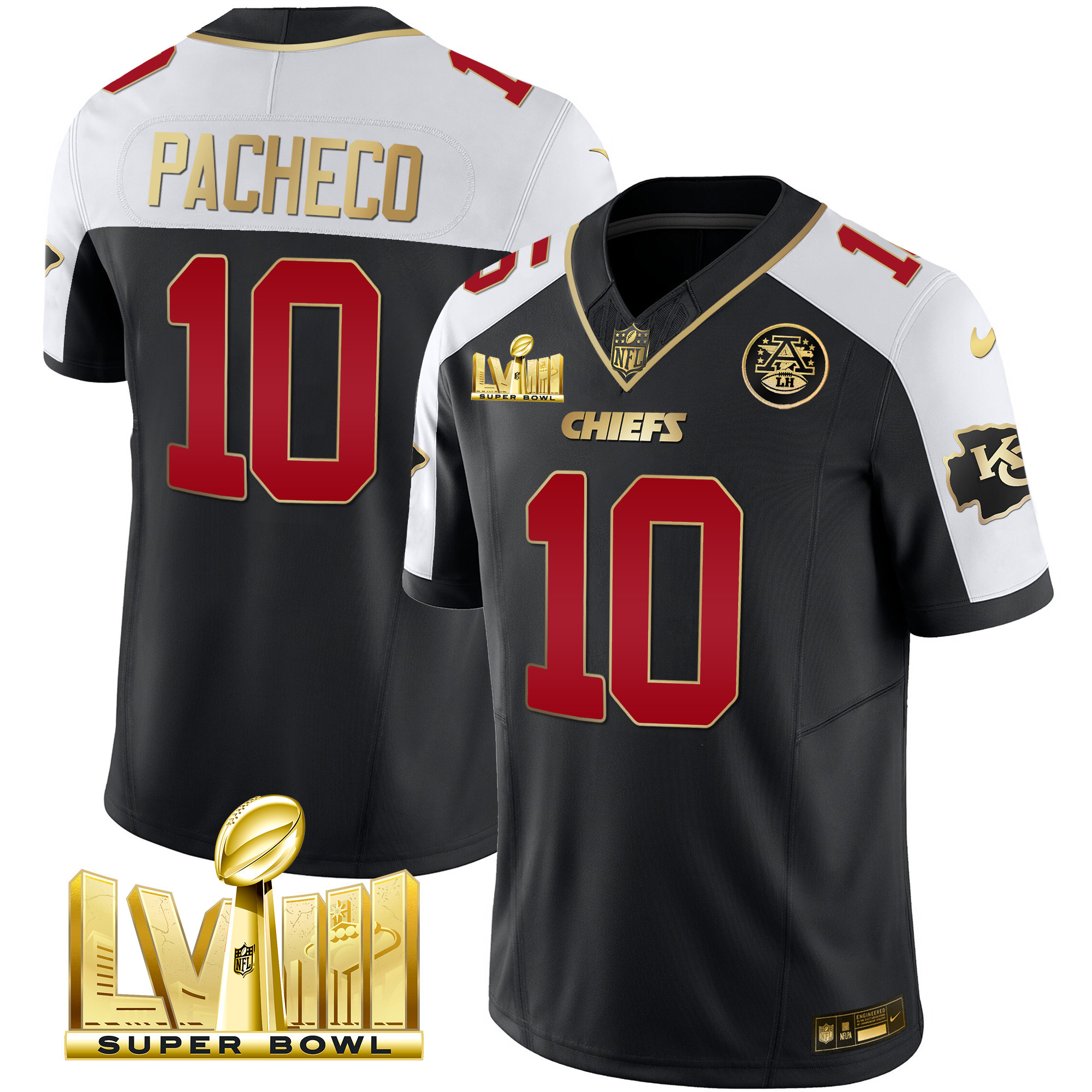 Isiah Pacheco Men's Kansas City Chiefs Super Bowl LVIII Gold Patch Vapor Black Alternate Jersey - All Stitched 