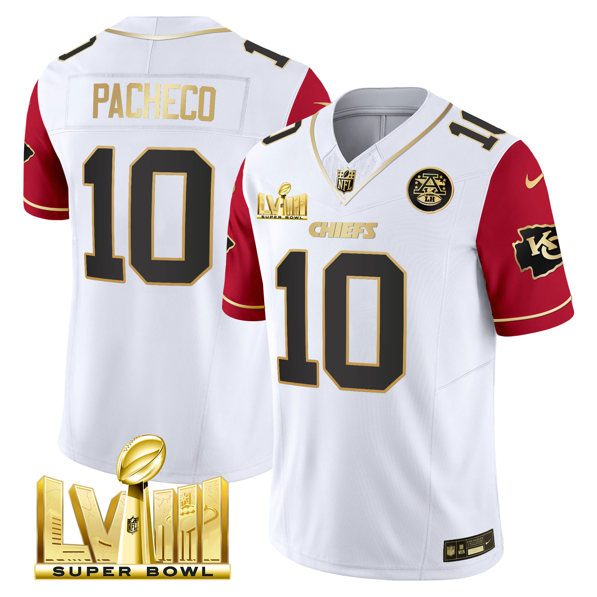 Isiah Pacheco Men's Kansas City Chiefs Super Bowl LVIII Gold Patch Vapor Color Sleeves Jersey - All Stitched 