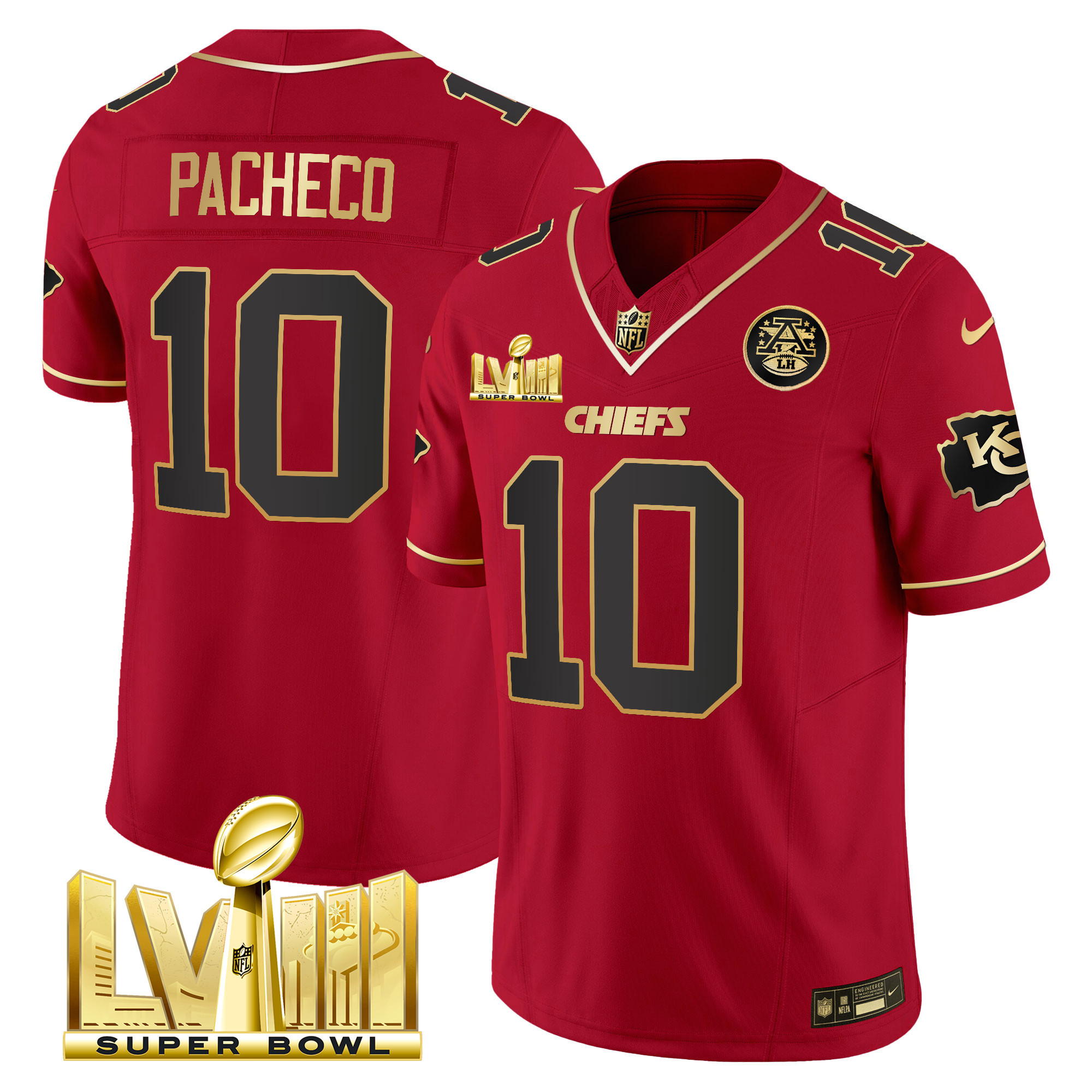 Isiah Pacheco Men's Kansas City Chiefs Super Bowl LVIII Gold Patch Vapor Red Special Jersey - All Stitched 