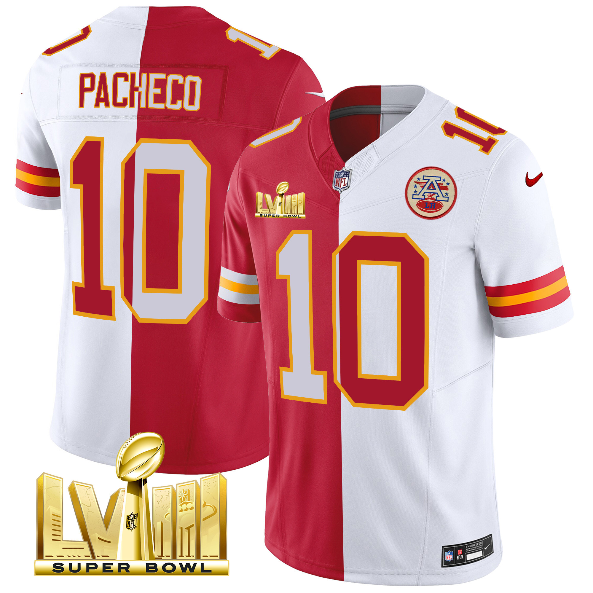Isiah Pacheco Men's Kansas City Chiefs Super Bowl LVIII Gold Patch Vapor Split Jersey - All Stitched 