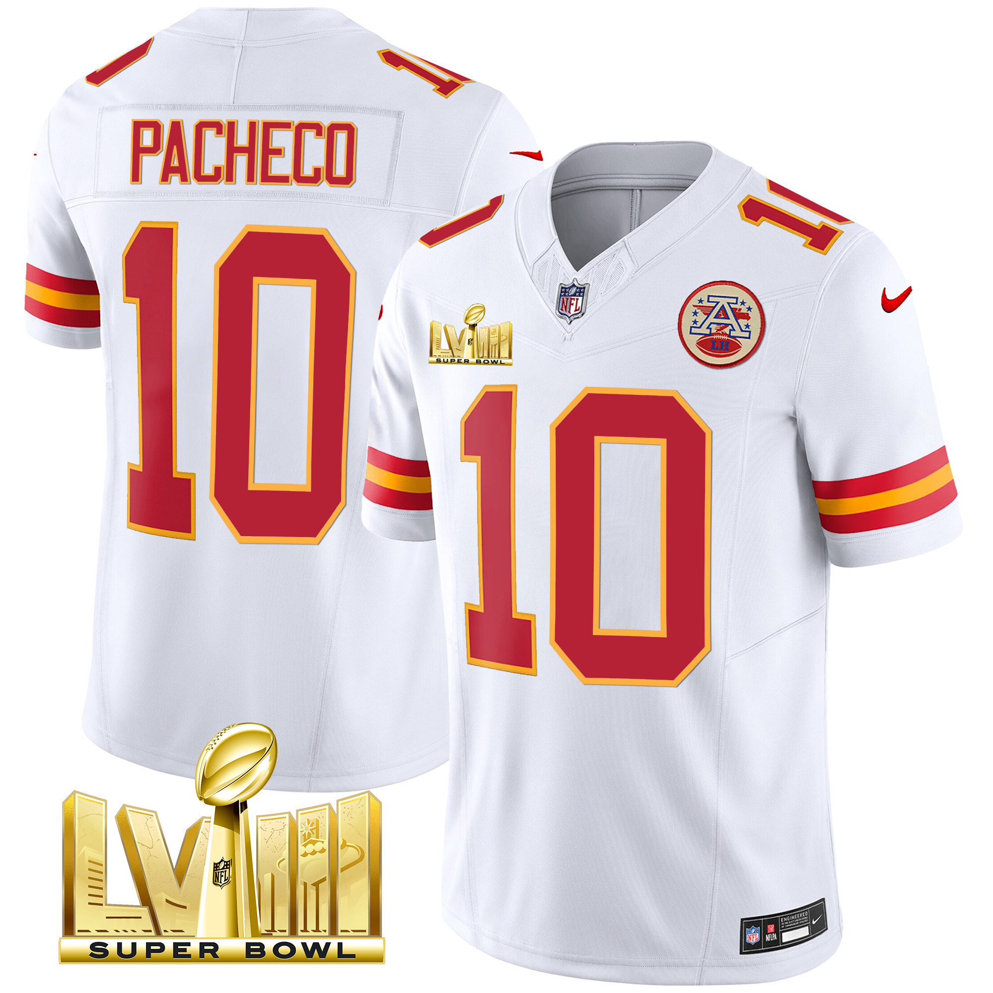 Isiah Pacheco Men's Kansas City Chiefs Super Bowl LVIII Gold Patch Vapor White Jersey - All Stitched 
