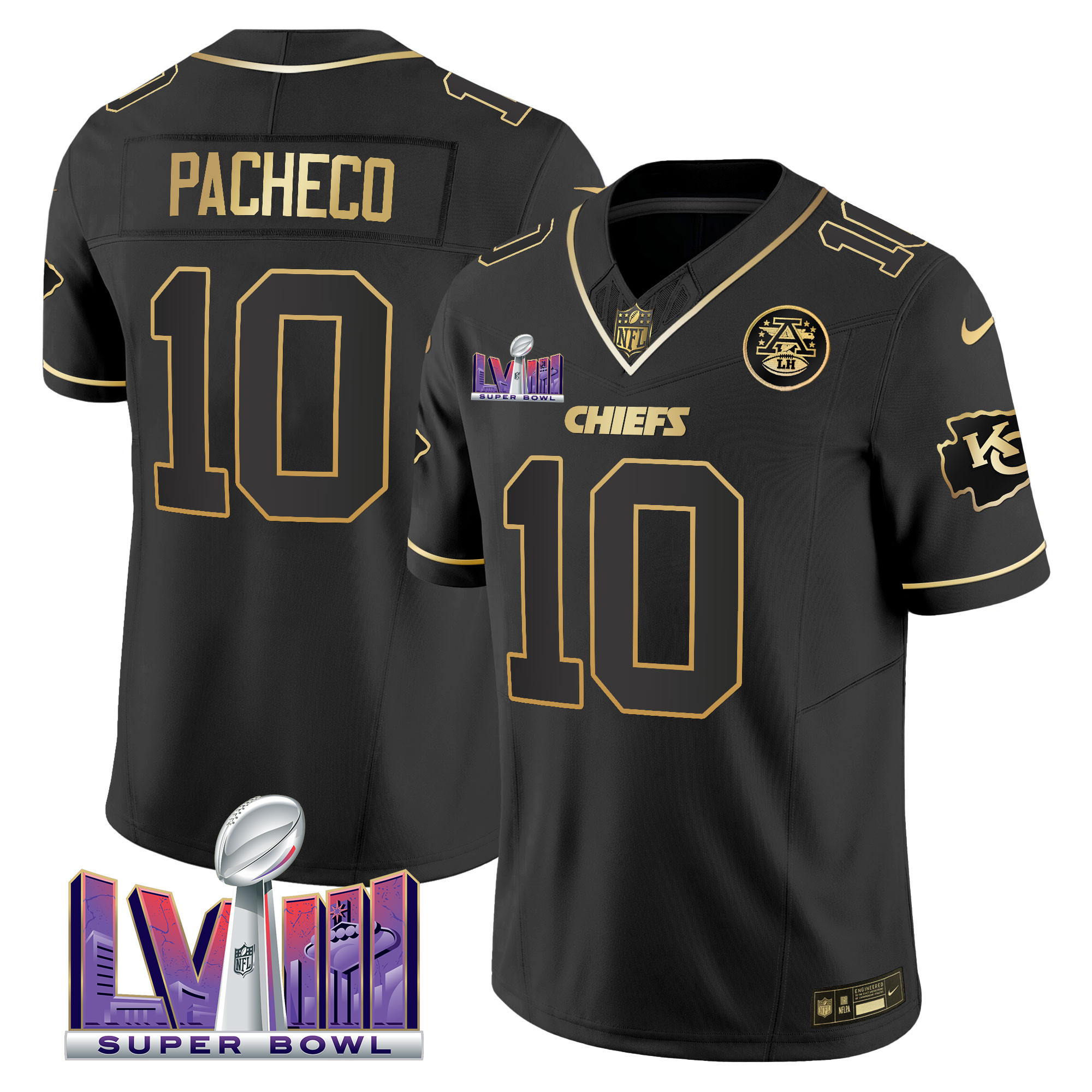 Isiah Pacheco Men's Kansas City Chiefs Super Bowl LVIII Patch Vapor Black Gold Jersey - All Stitched 