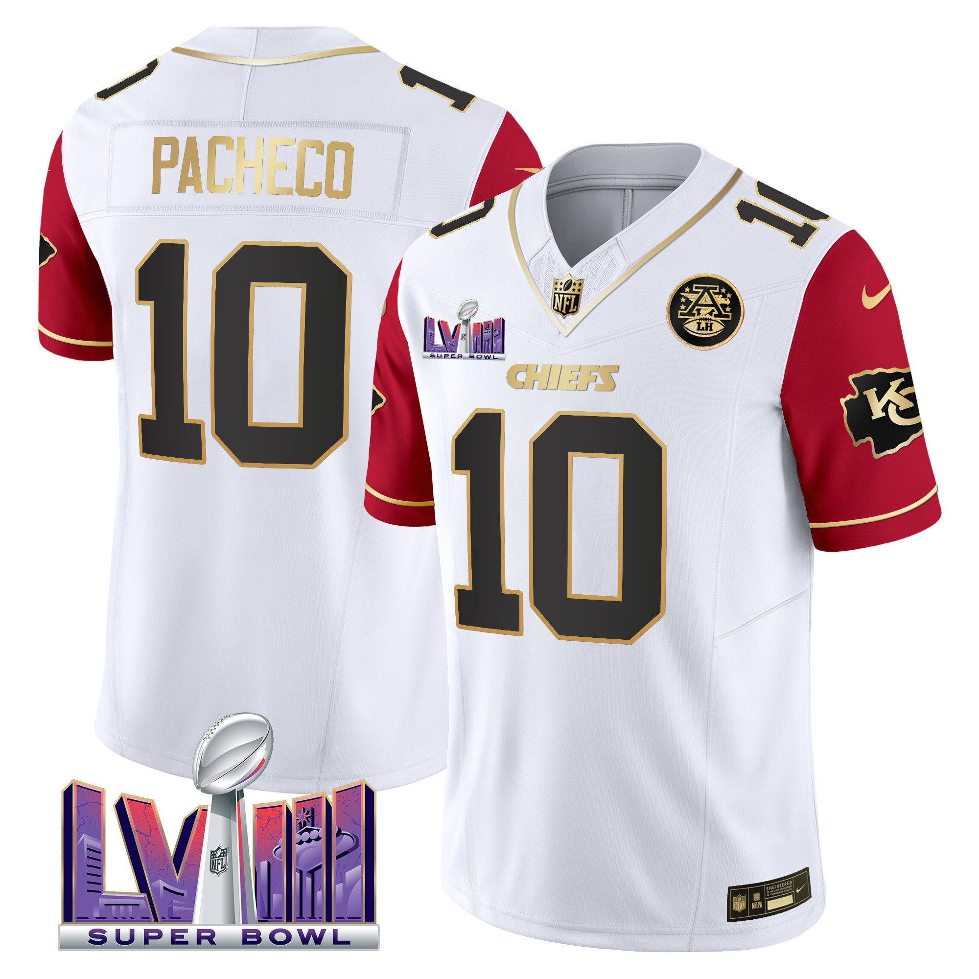 Isiah Pacheco Men's Kansas City Chiefs Super Bowl LVIII Patch Vapor Color Sleeves Jersey - All Stitched 