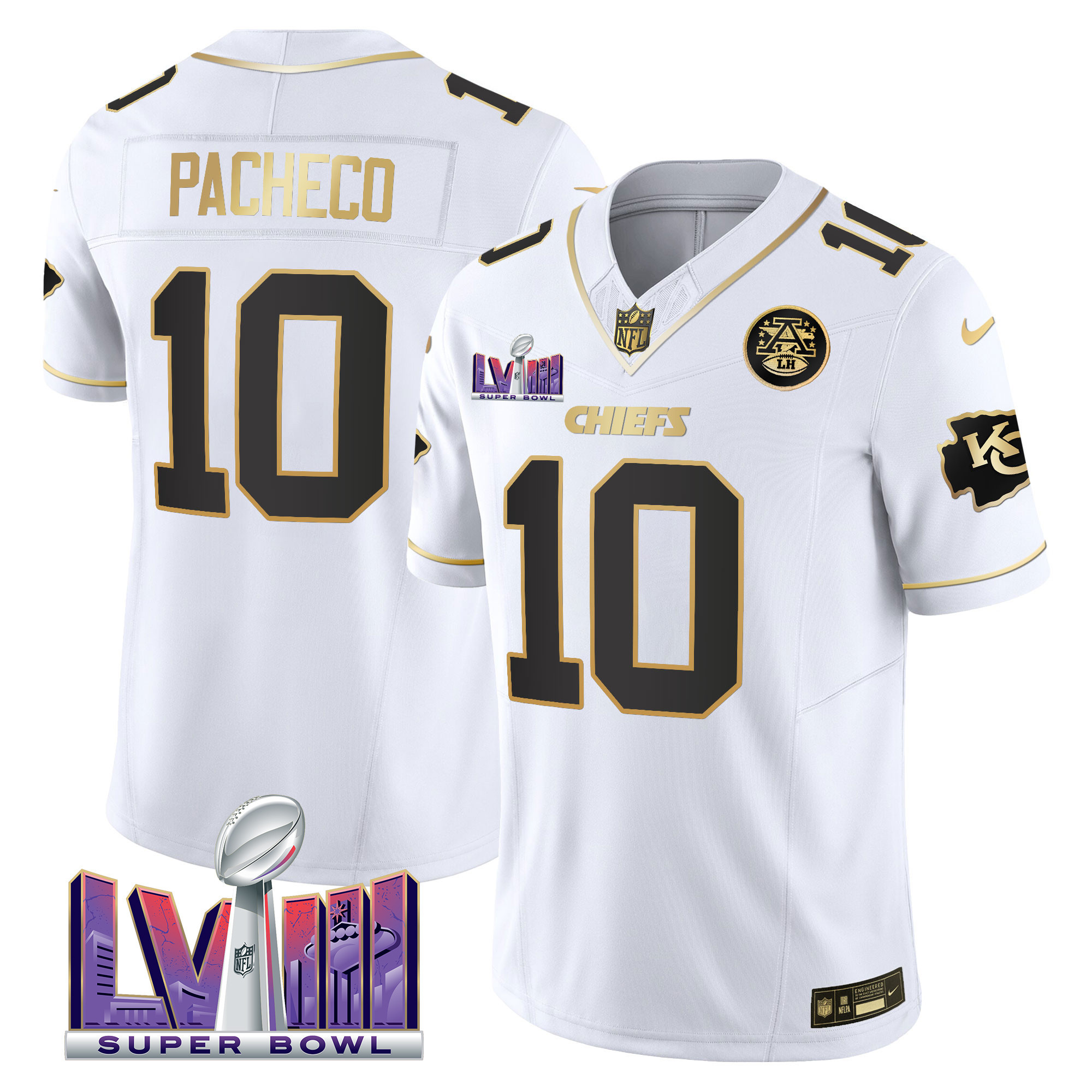 Isiah Pacheco Men's Kansas City Chiefs Super Bowl LVIII Patch Vapor White Gold Jersey - All Stitched 