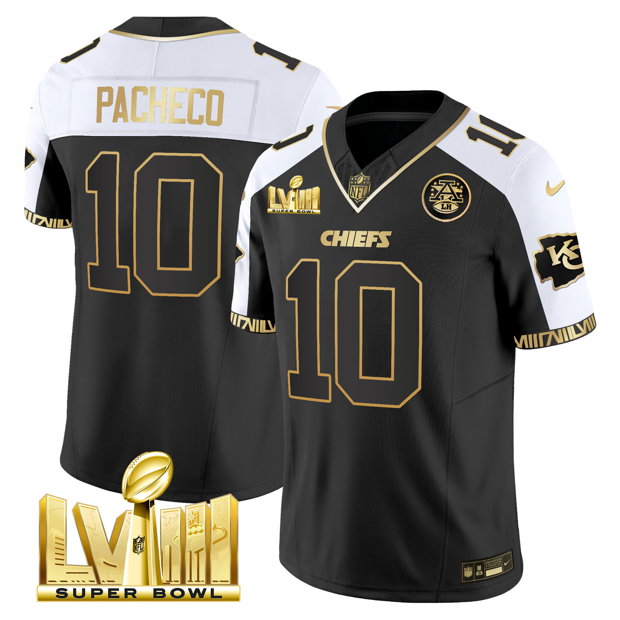 Isiah Pacheco Men's Kansas City Chiefs Super Bowl LVIII Pattern Gold Vapor Alternate Jersey - All Stitched 