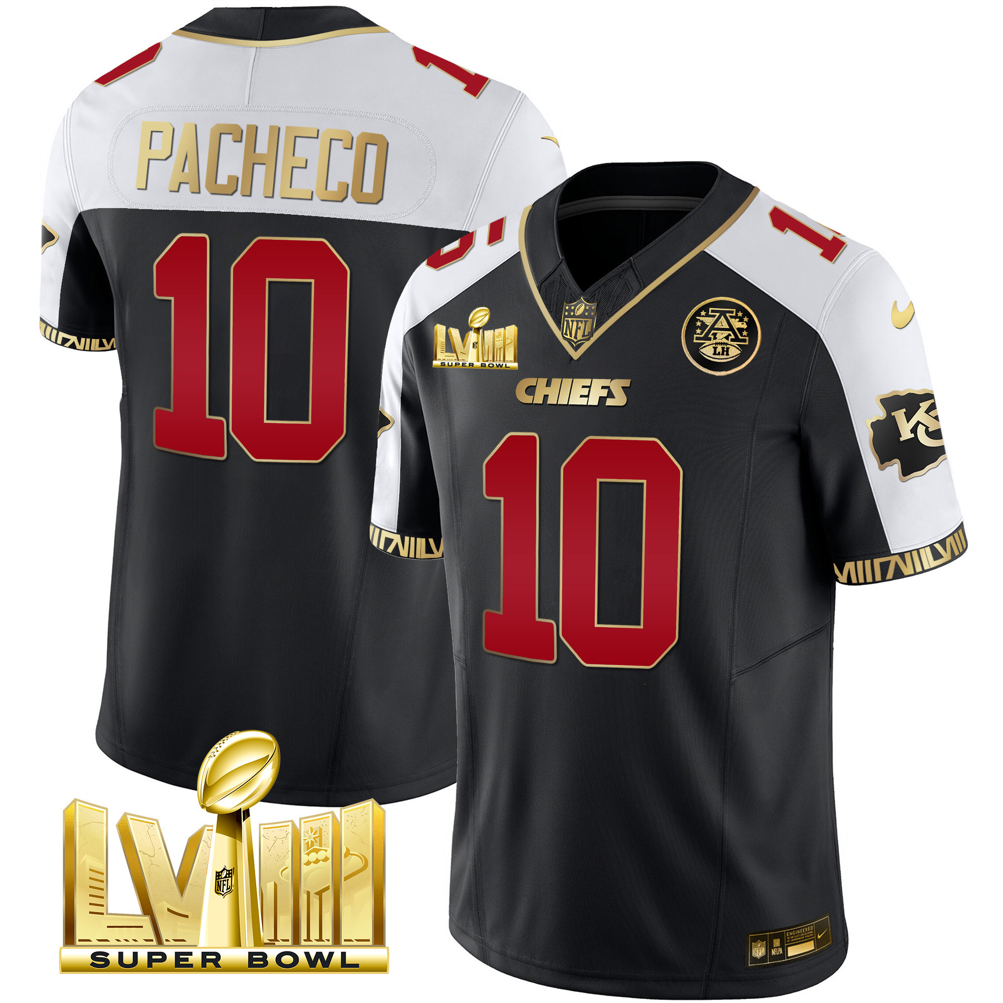Isiah Pacheco Men's Kansas City Chiefs Super Bowl LVIII Pattern Gold Vapor Black Alternate Jersey - All Stitched 