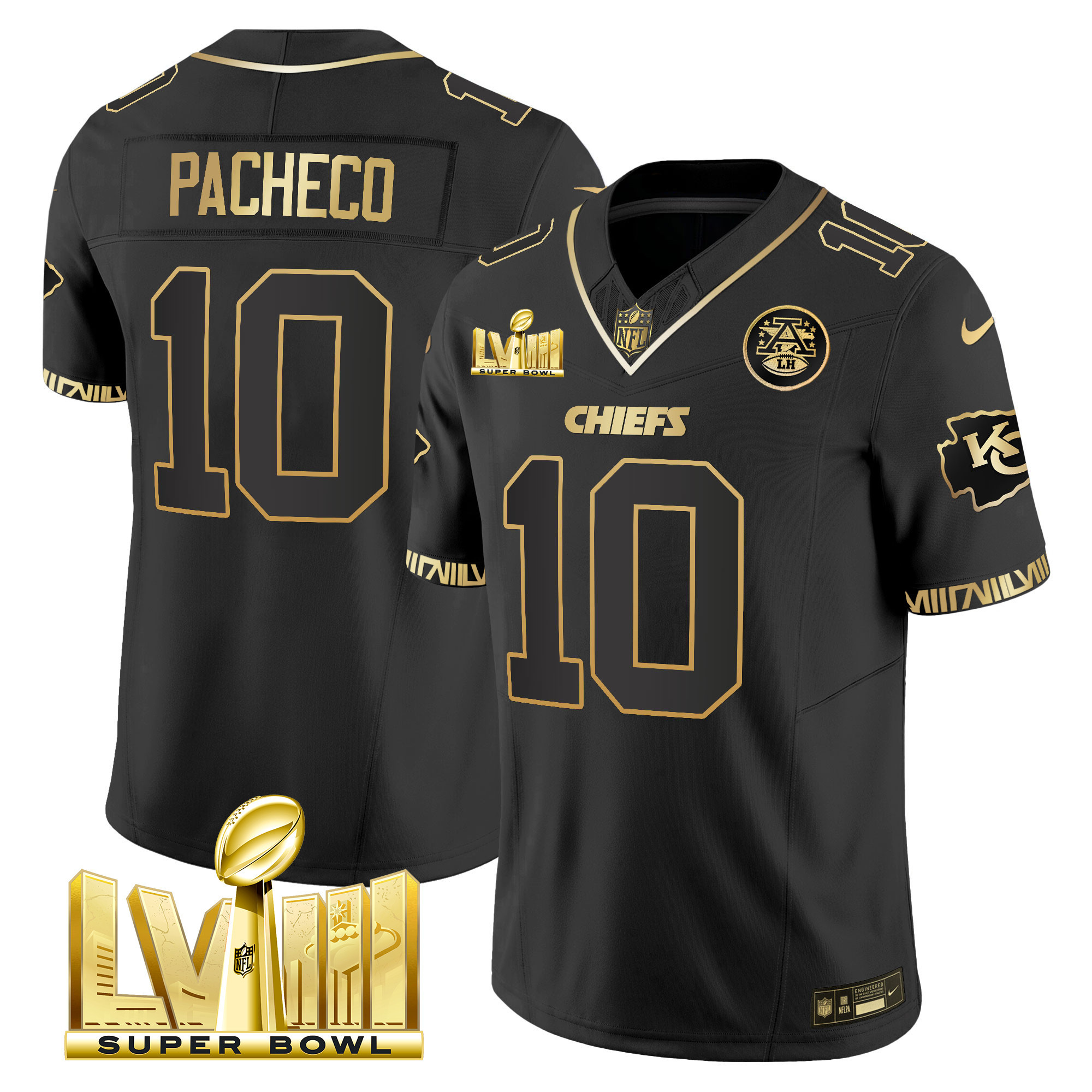 Isiah Pacheco Men's Kansas City Chiefs Super Bowl LVIII Pattern Gold Vapor Black Gold Jersey - All Stitched 