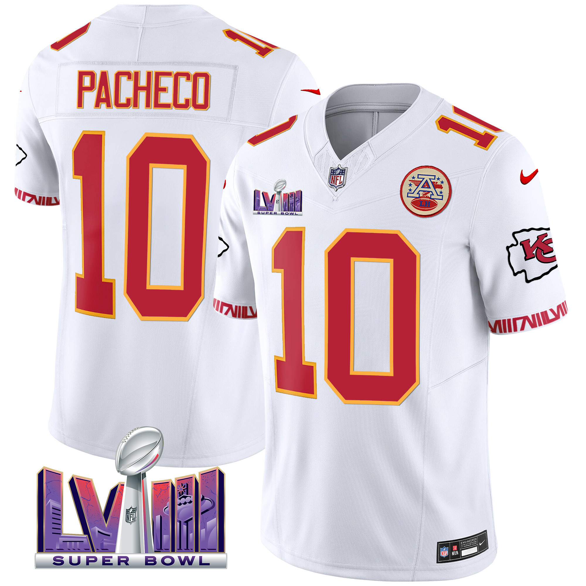 Isiah Pacheco Men's Kansas City Chiefs Super Bowl LVIII Pattern Vapor White Jersey - All Stitched 