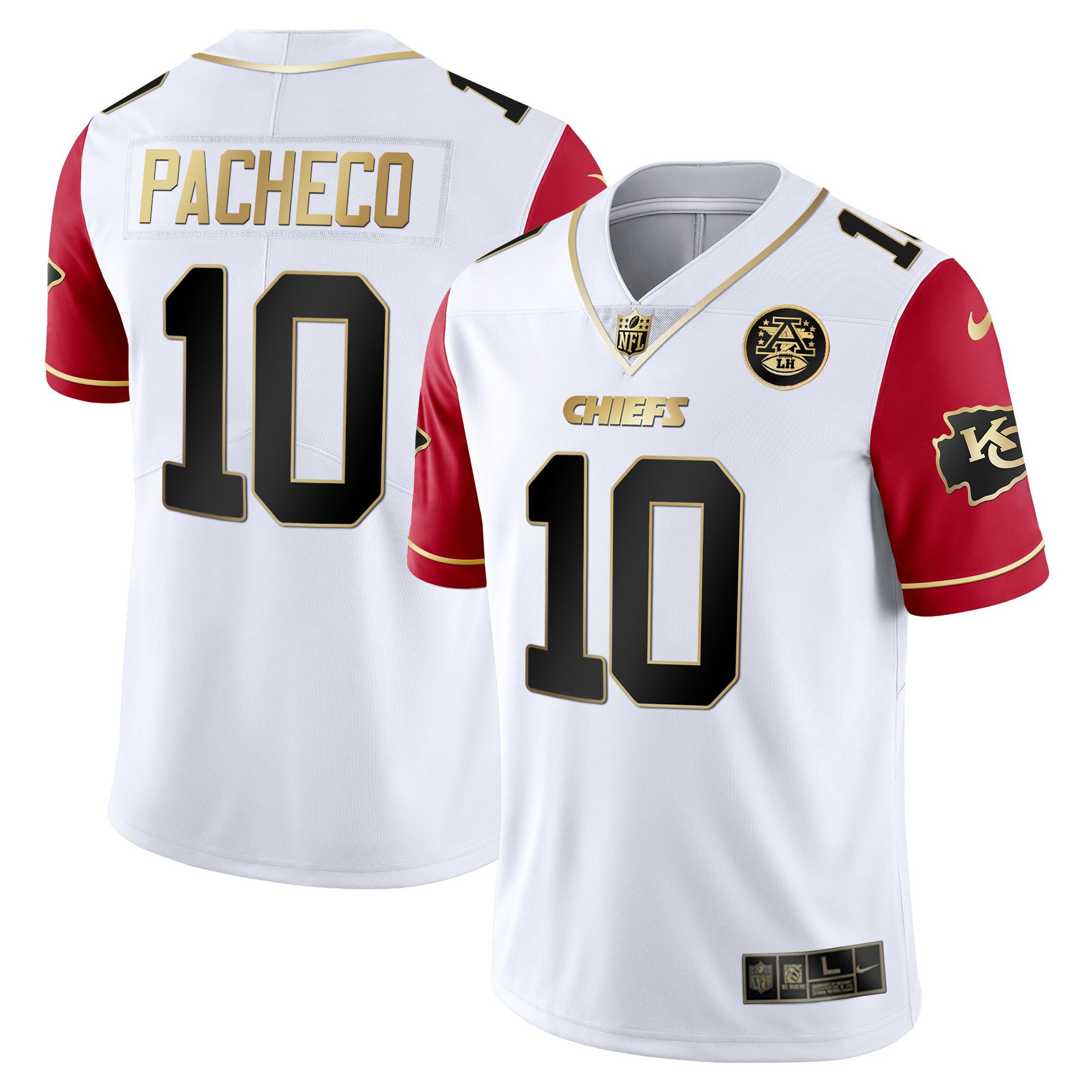 Isiah Pacheco Men's Kansas City Chiefs White Gold & Black Gold Red Sleeves Jersey - All Stitched 