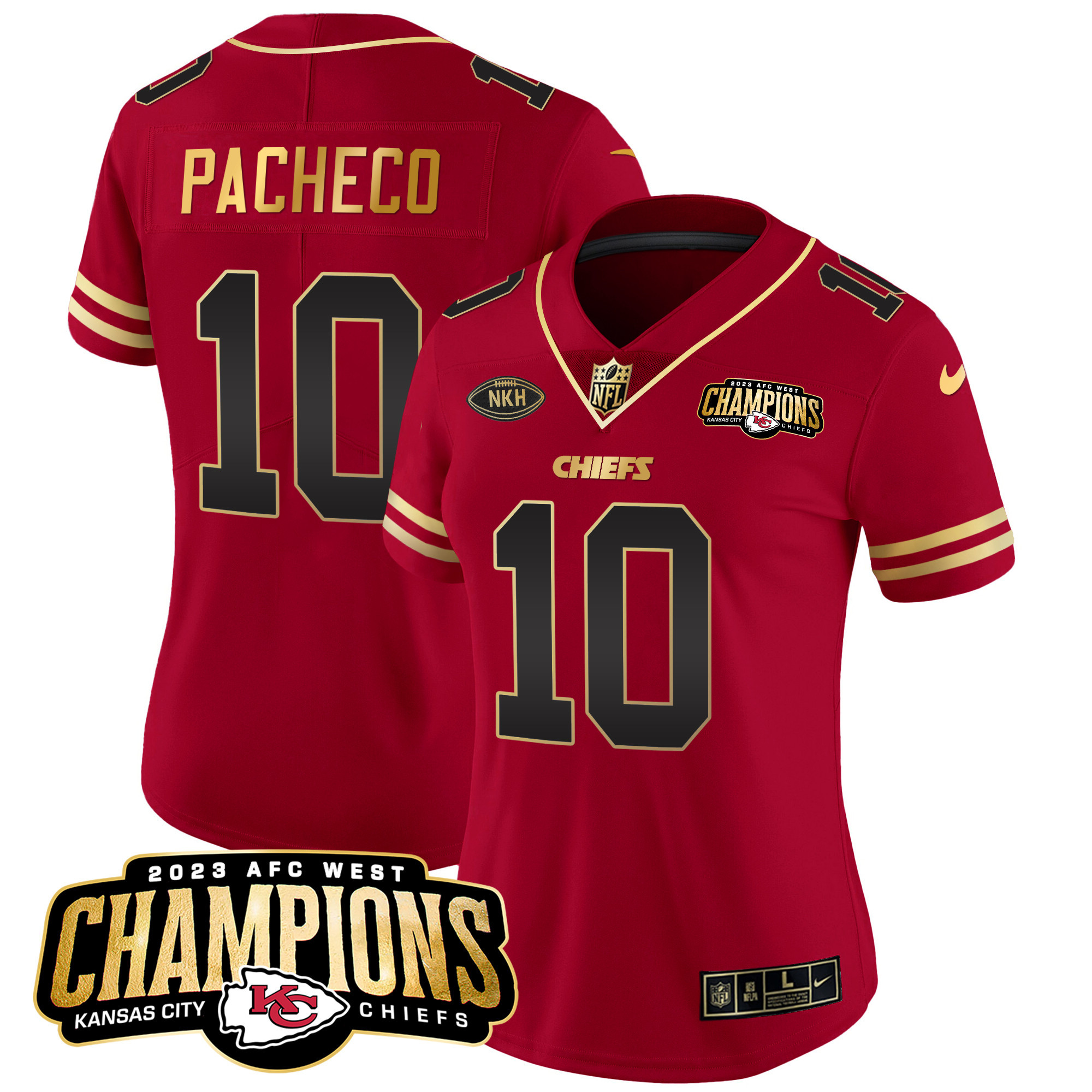 Isiah Pacheco Women's Kansas City Chiefs 2023 AFC West Champions Patch Vapor Limited Black Red Jersey - All Stitched 