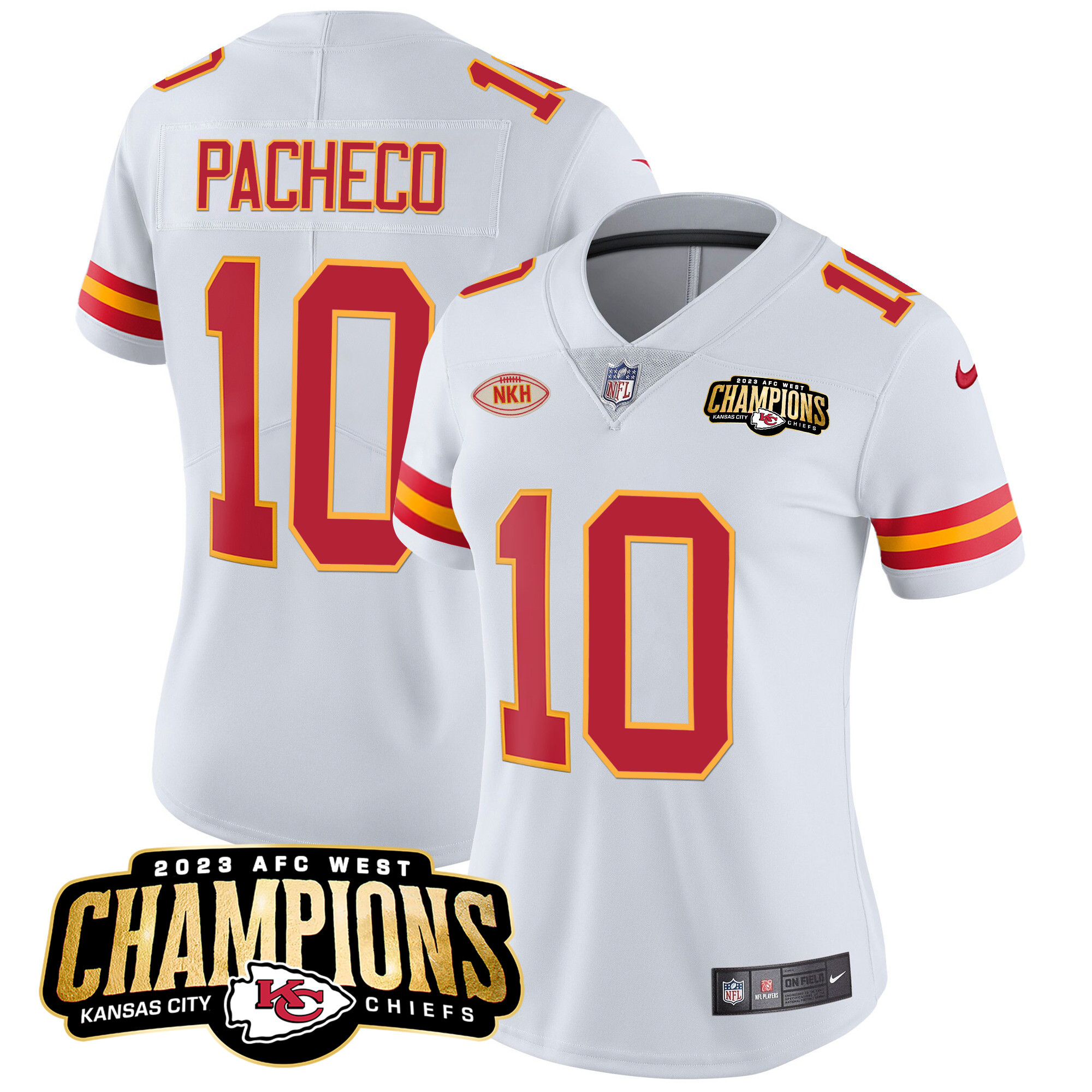 Isiah Pacheco Women's Kansas City Chiefs 2023 AFC West Champions Patch Vapor Limited White Jersey - All Stitched 