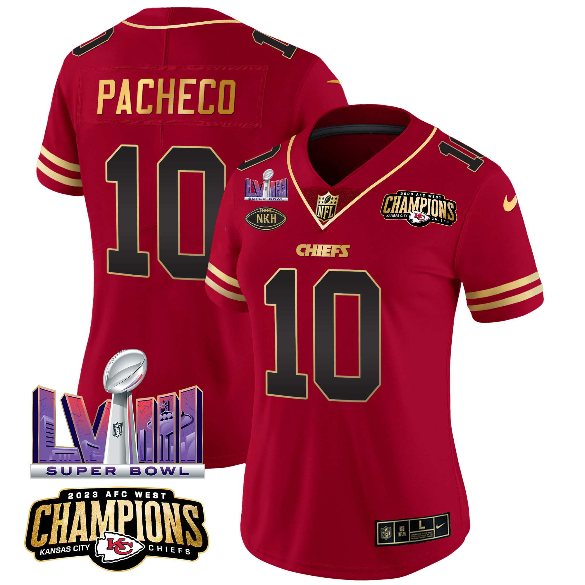 Isiah Pacheco Women's Kansas City Chiefs AFC West Champions & Super Bowl LVIII Patch Vapor Black Red Jersey - All Stitched 