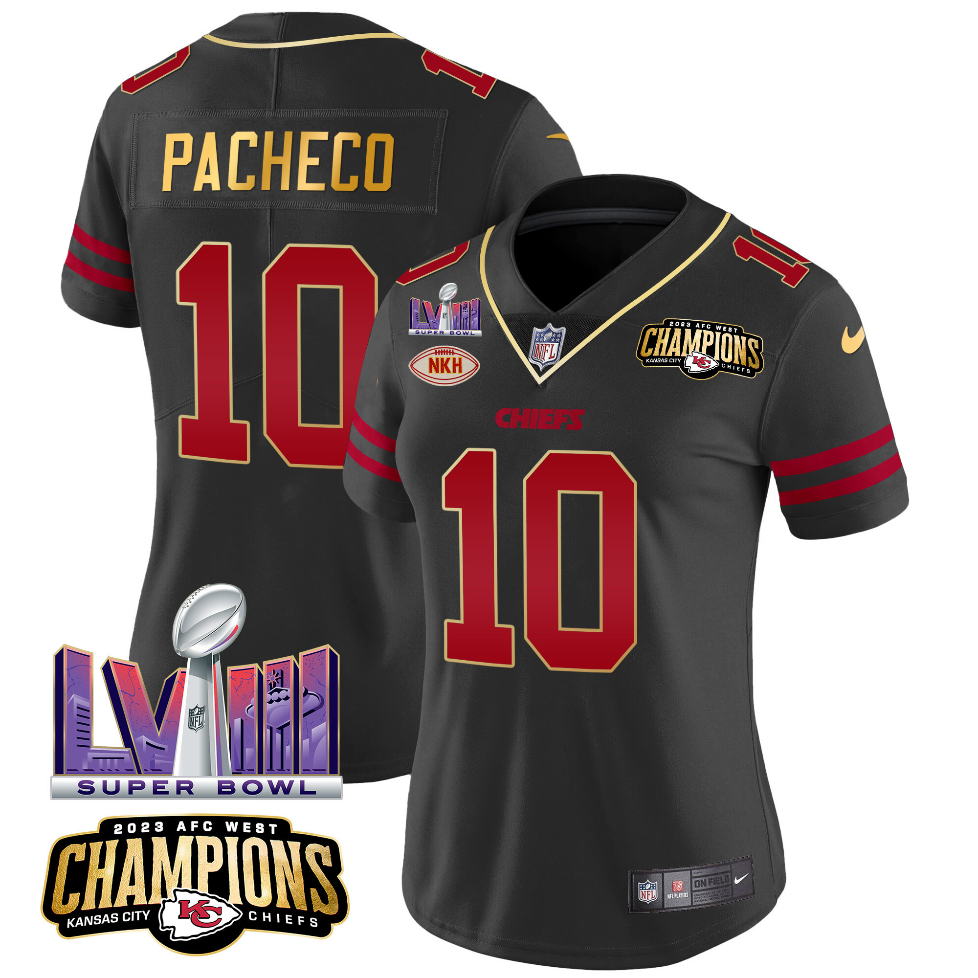 Isiah Pacheco Women's Kansas City Chiefs AFC West Champions & Super Bowl LVIII Patch Vapor Gold Trim Jersey - All Stitched 
