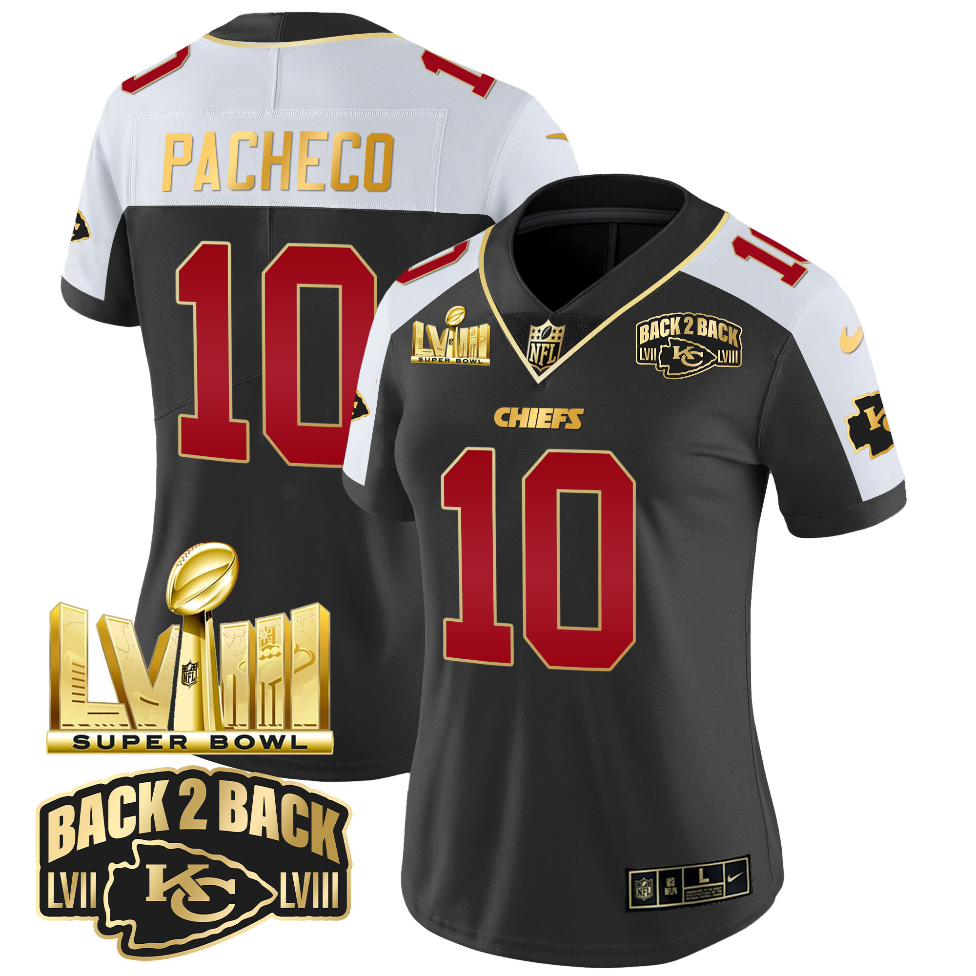 Isiah Pacheco Women's Kansas City Chiefs Super Bowl LVIII & Back 2 Back Gold Patch Vapor Black Alternate Jersey - All Stitched 