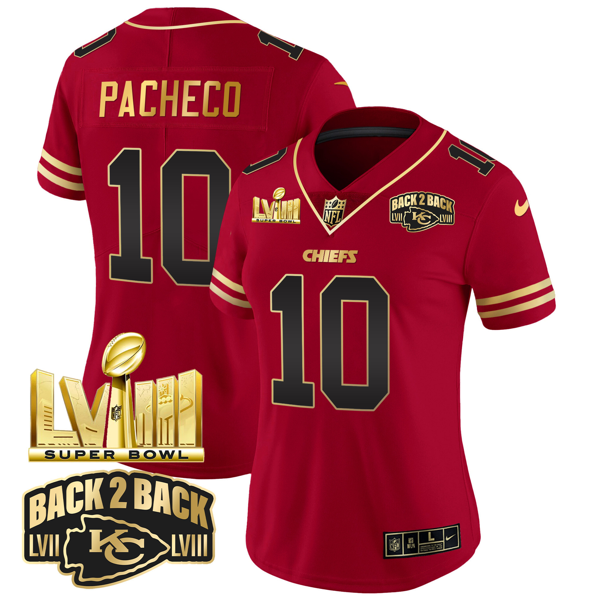 Isiah Pacheco Women's Kansas City Chiefs Super Bowl LVIII & Back 2 Back Gold Patch Vapor Black Red Jersey - All Stitched 