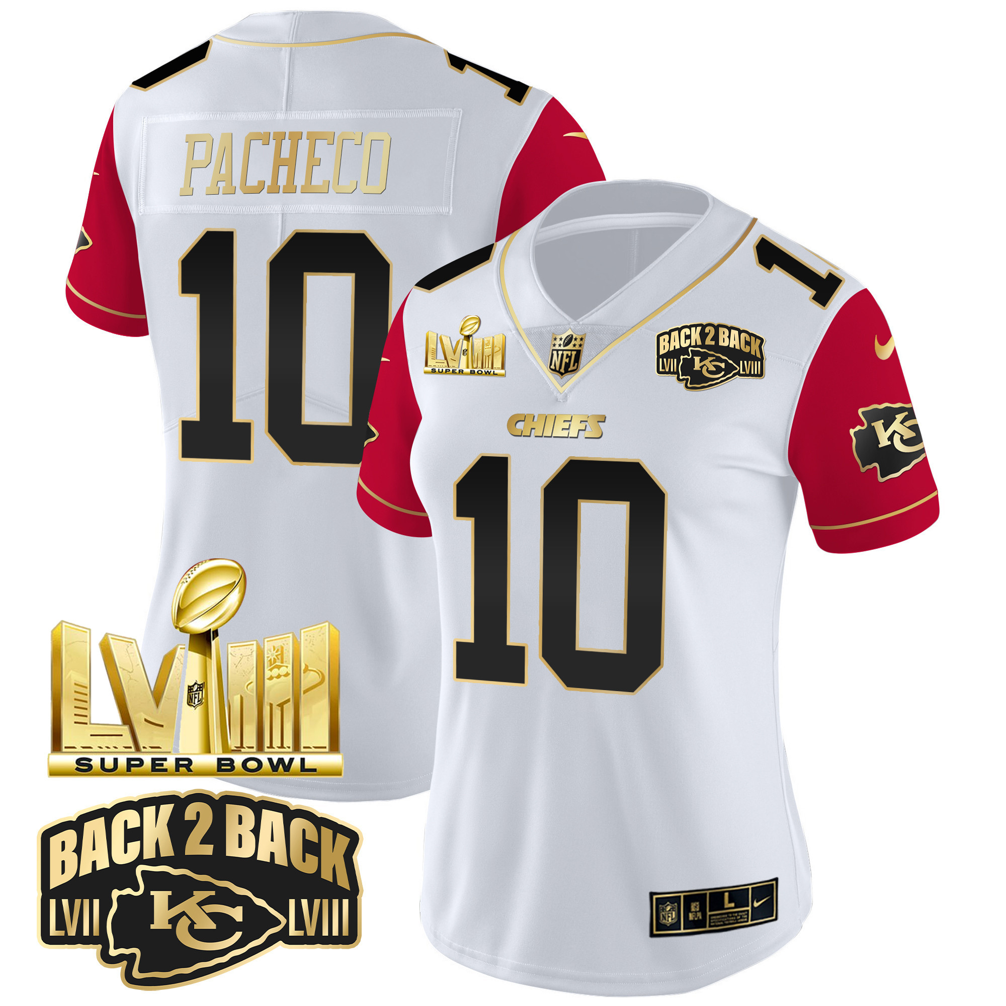 Isiah Pacheco Women's Kansas City Chiefs Super Bowl LVIII & Back 2 Back Gold Patch Vapor Color Sleeves Jersey - All Stitched 