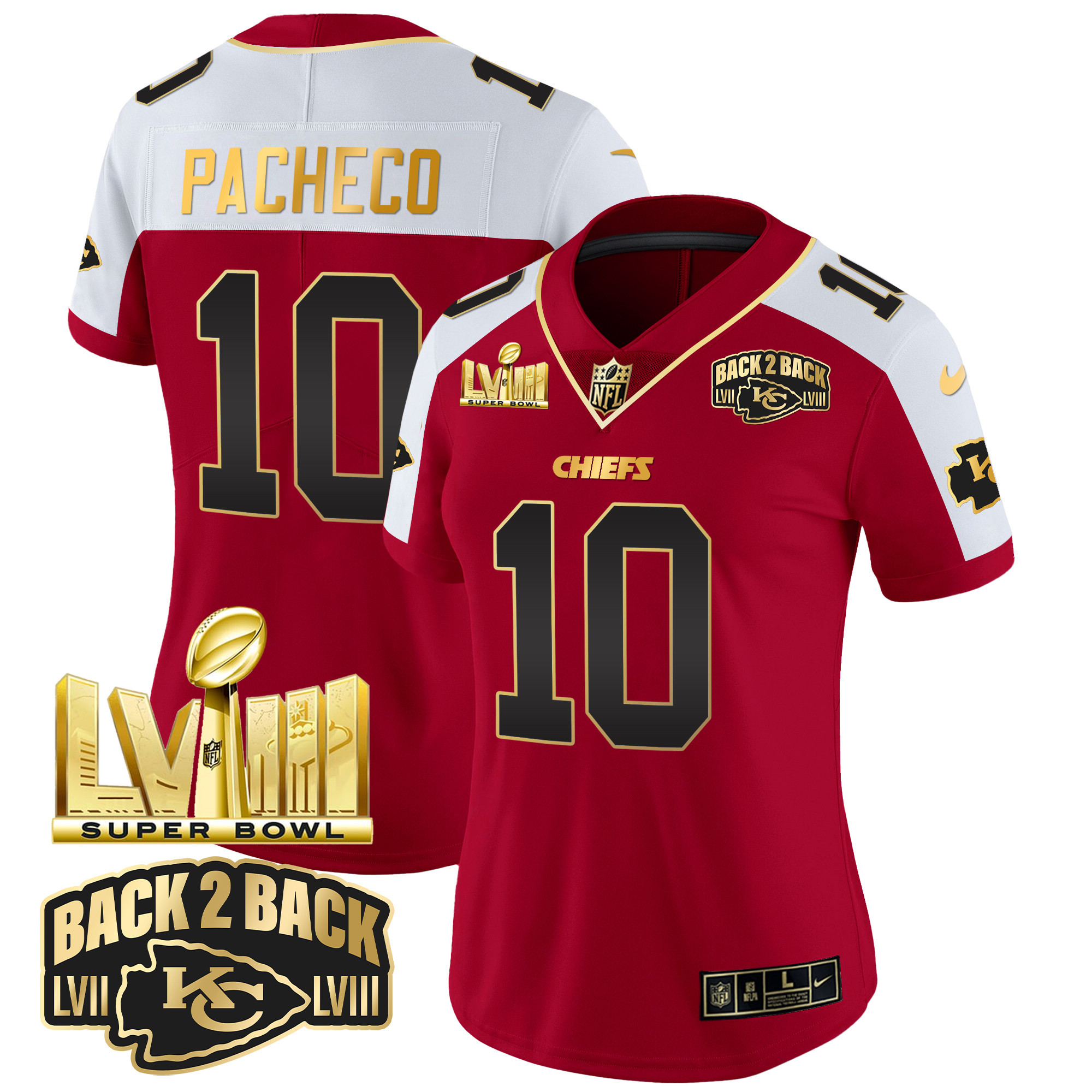 Isiah Pacheco Women's Kansas City Chiefs Super Bowl LVIII & Back 2 Back Gold Patch Vapor Red Alternate Jersey - All Stitched 